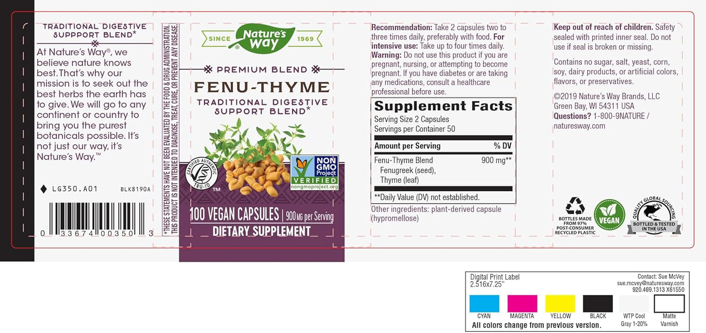 Fenu-Thyme Digestive Support Blend - 900mg Thyme & Fenugreek - Non-GMO Vegan Capsules