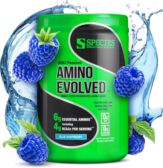 Fermented Amino Evolved EAA & BCAA Powder for Muscle Recovery & Endurance - Blue Raspberry, 30 Servings