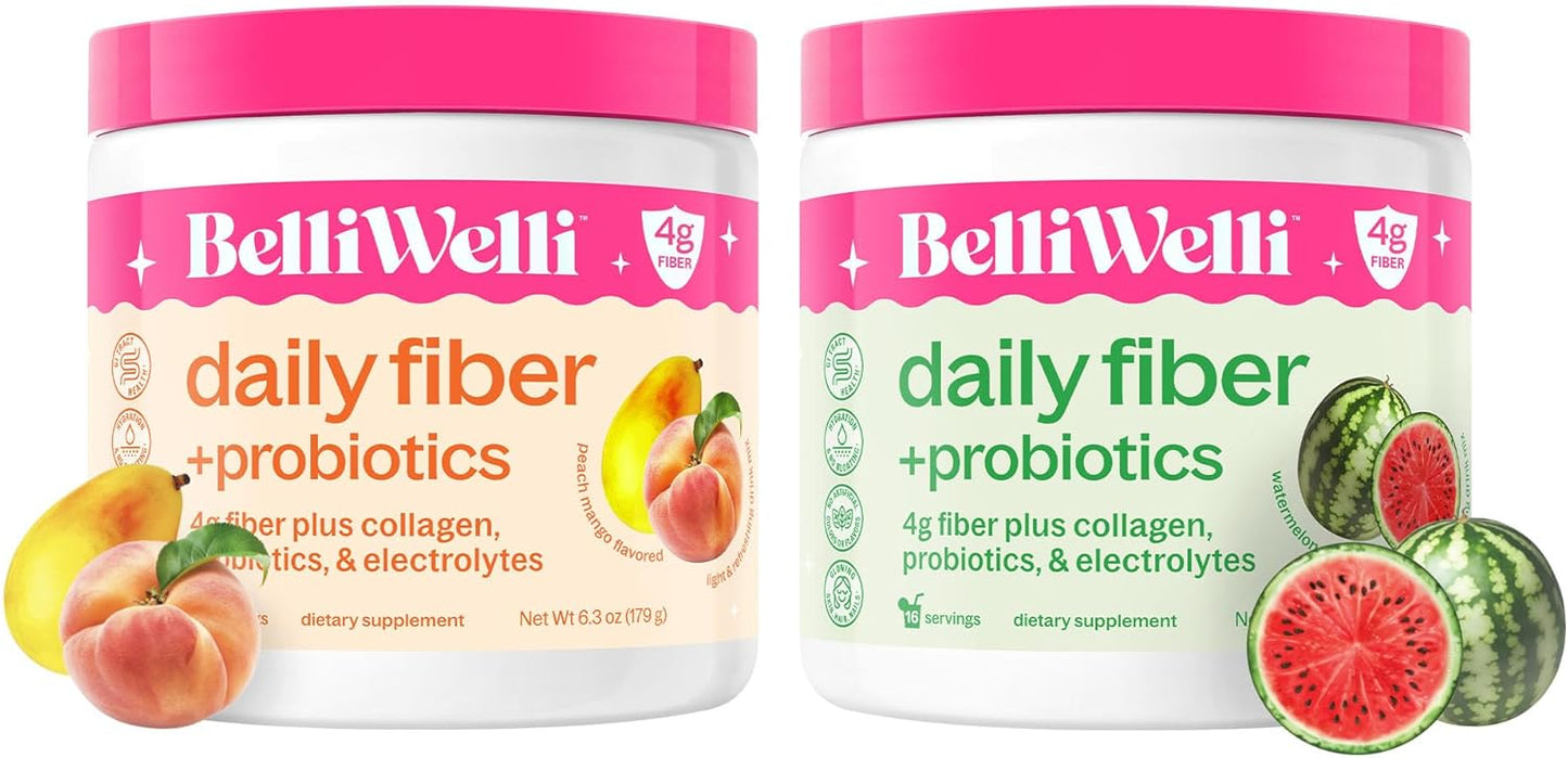 Fiber, Collagen, Probiotics, Electrolytes Bundle - Peach Mango & Watermelon Flavors - Supports Digestion, Gut Balance, Debloating - 32 Servings