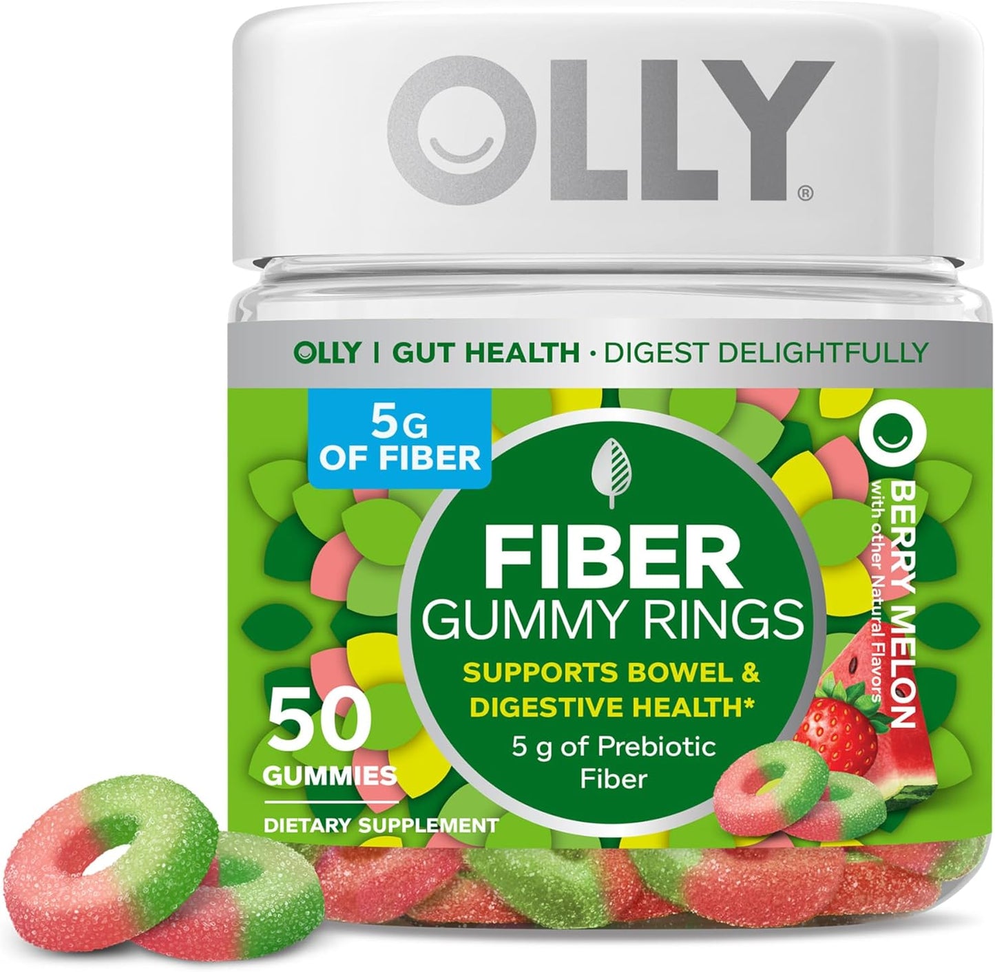 Fiber Gummy Rings with Prebiotic Fiber for Digestive Support - Berry Melon & Constipation Relief with Rhubarb, Prunes, Amla - Plum Berry Flavor - 80ct