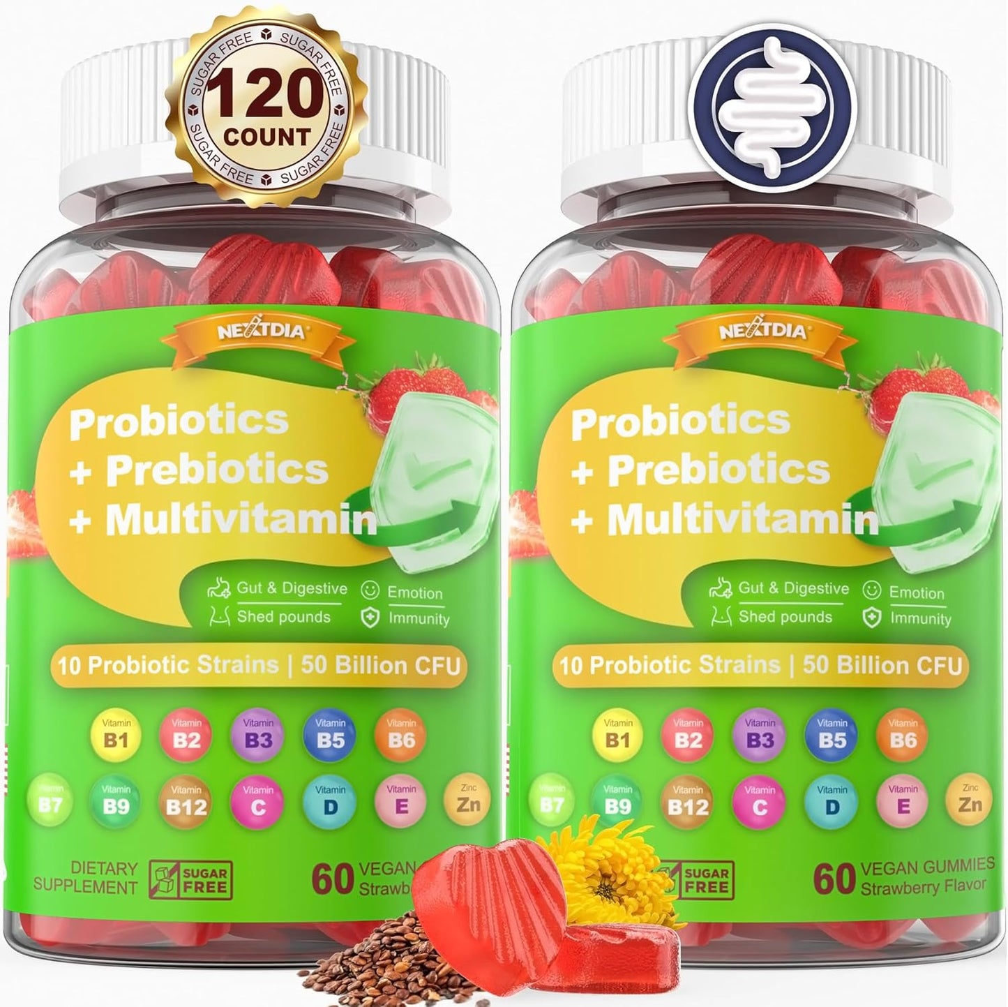 Fiber Probiotics Gummies with Prebiotics for Gut & Immune Health - 50 Billion CFUs, Inulin, Psyllium Husk & Multivitamin - Vegan, 2 Pack - BoostGo Australia