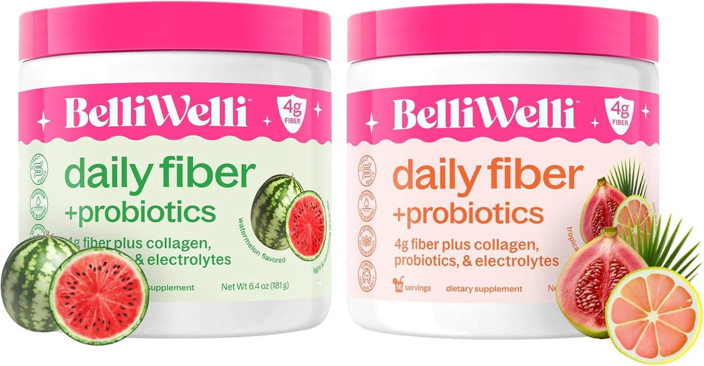 Fiber Supplement Bundle with Collagen, Probiotics & Electrolytes - Refreshing Tropical Breeze & Watermelon Flavors - 32 Servings for Balanced Wellness