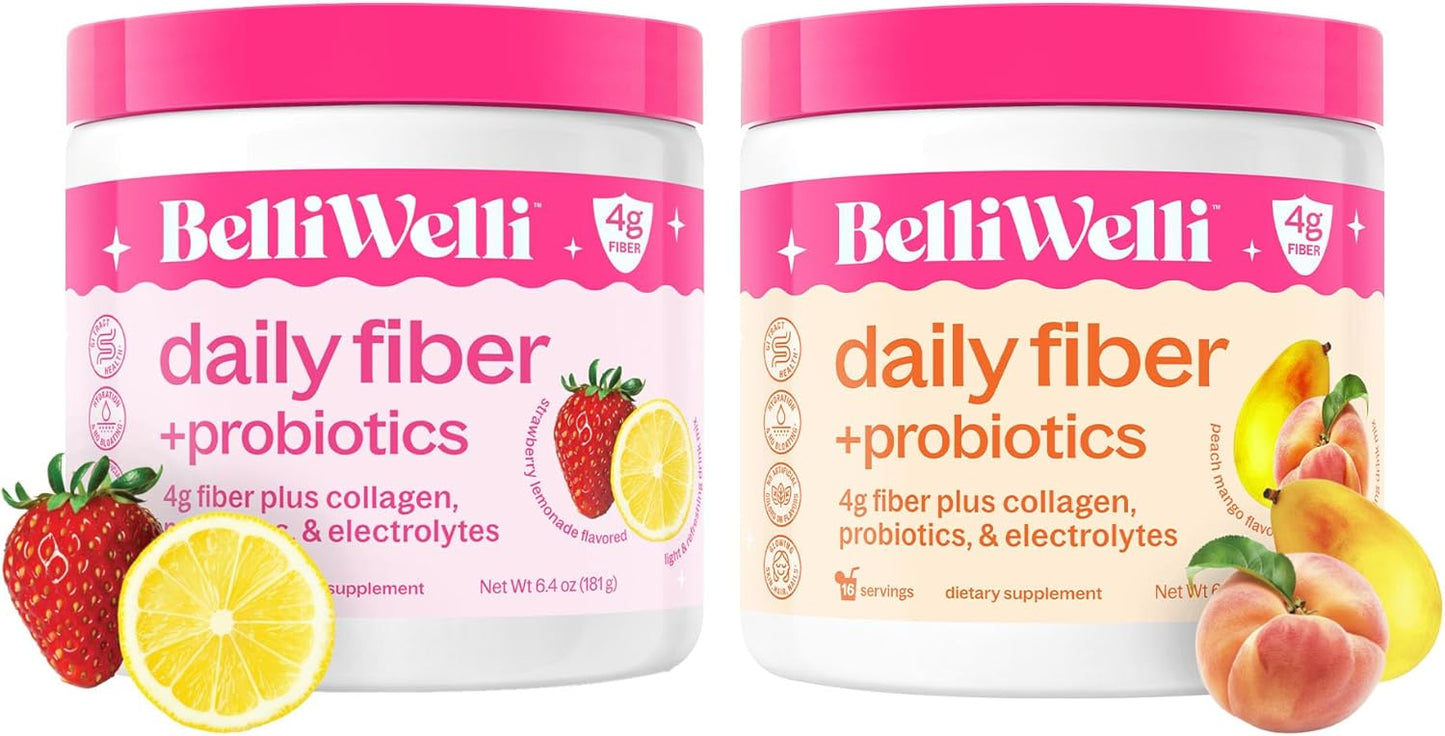 Fiber Supplement Bundle with Collagen, Probiotics & Electrolytes - Peach Mango & Strawberry Lemonade - Supports Digestive Health & Balance - 32 Servings