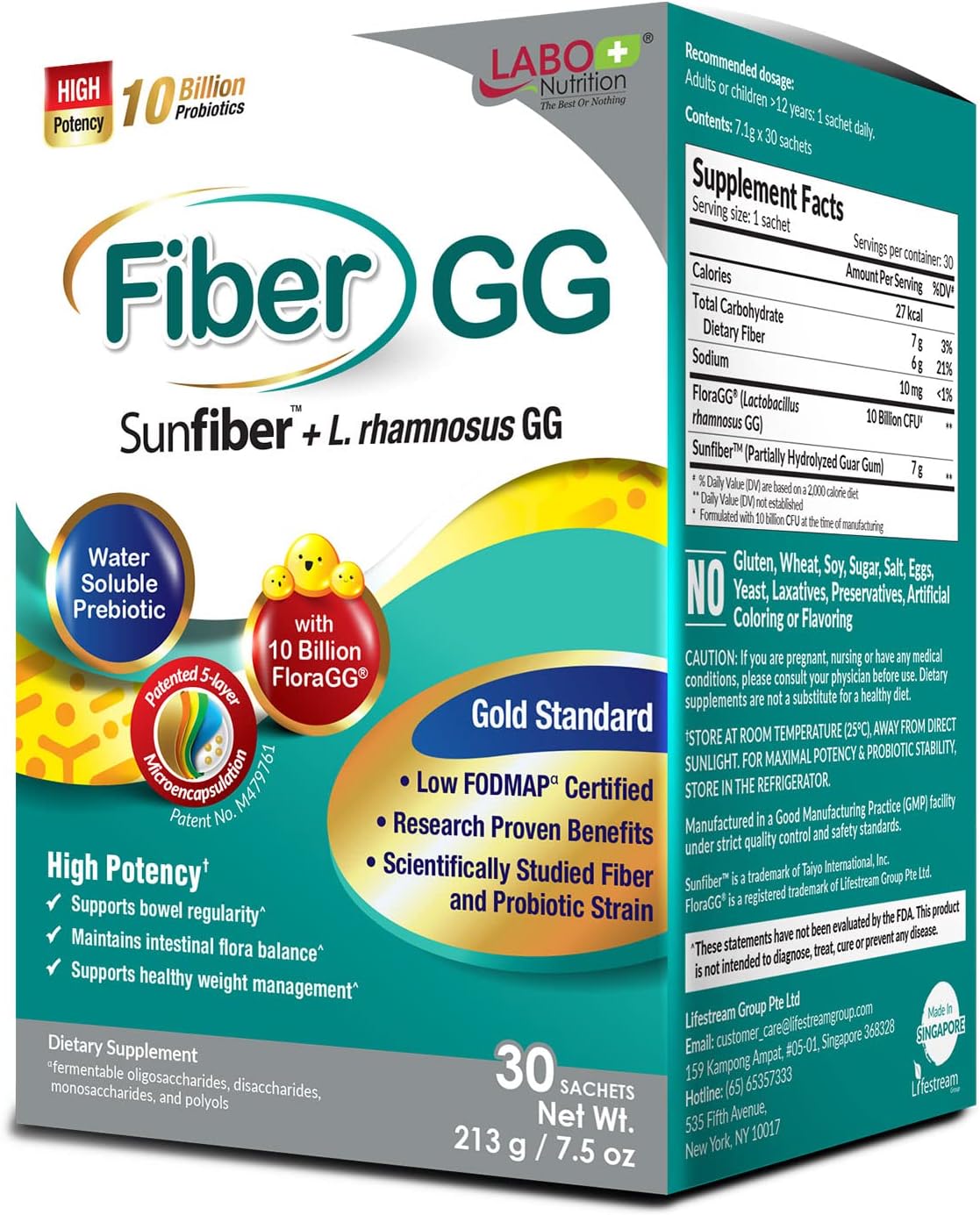 FiberGG Probiotic & Prebiotic Supplement with Lactobacillus Rhamnosus GG - 10 Billion CFU, 7g Sunfiber Fiber - 30 Sachets