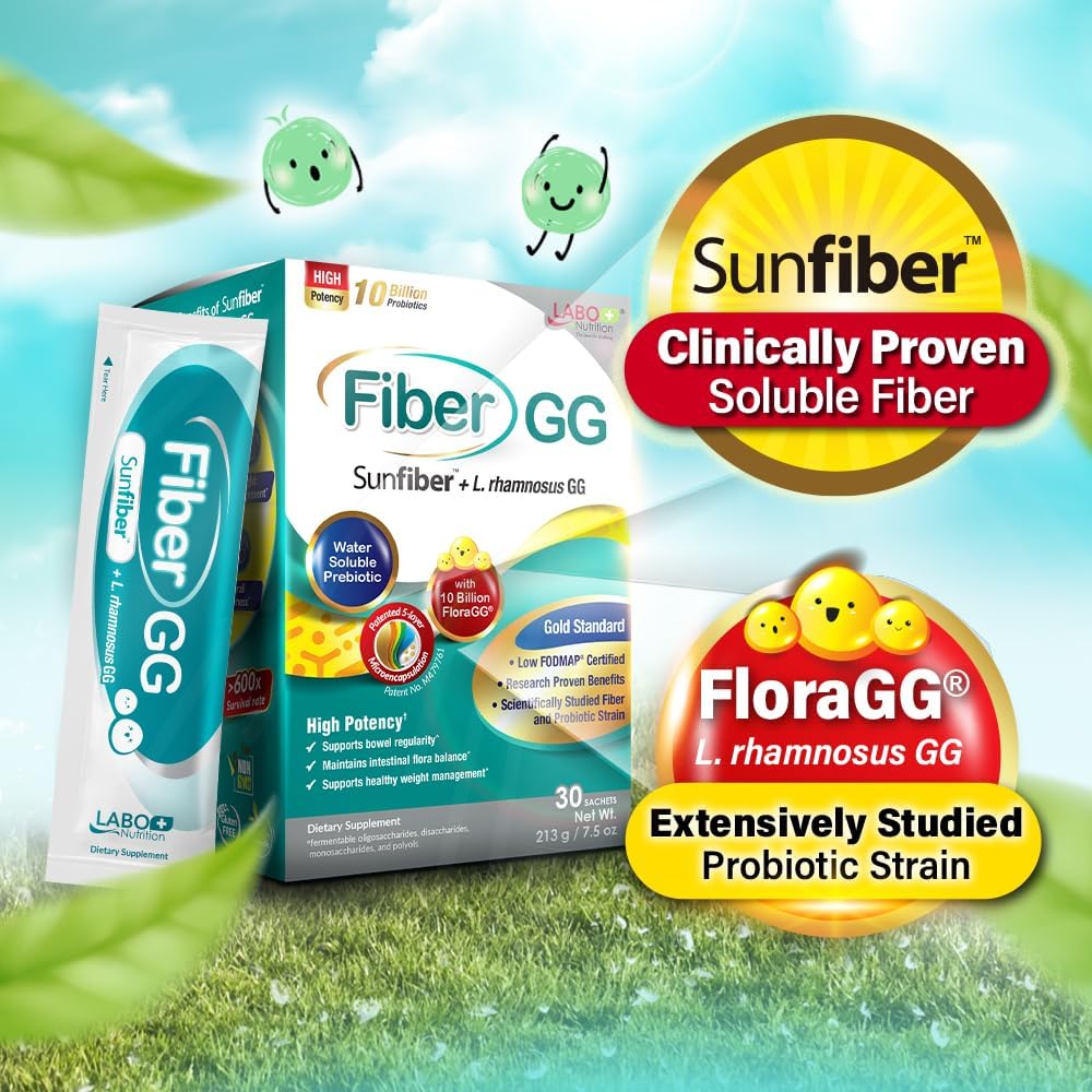 FiberGG Probiotic & Prebiotic Supplement with Lactobacillus Rhamnosus GG - 10 Billion CFU, 7g Sunfiber Fiber - 30 Sachets