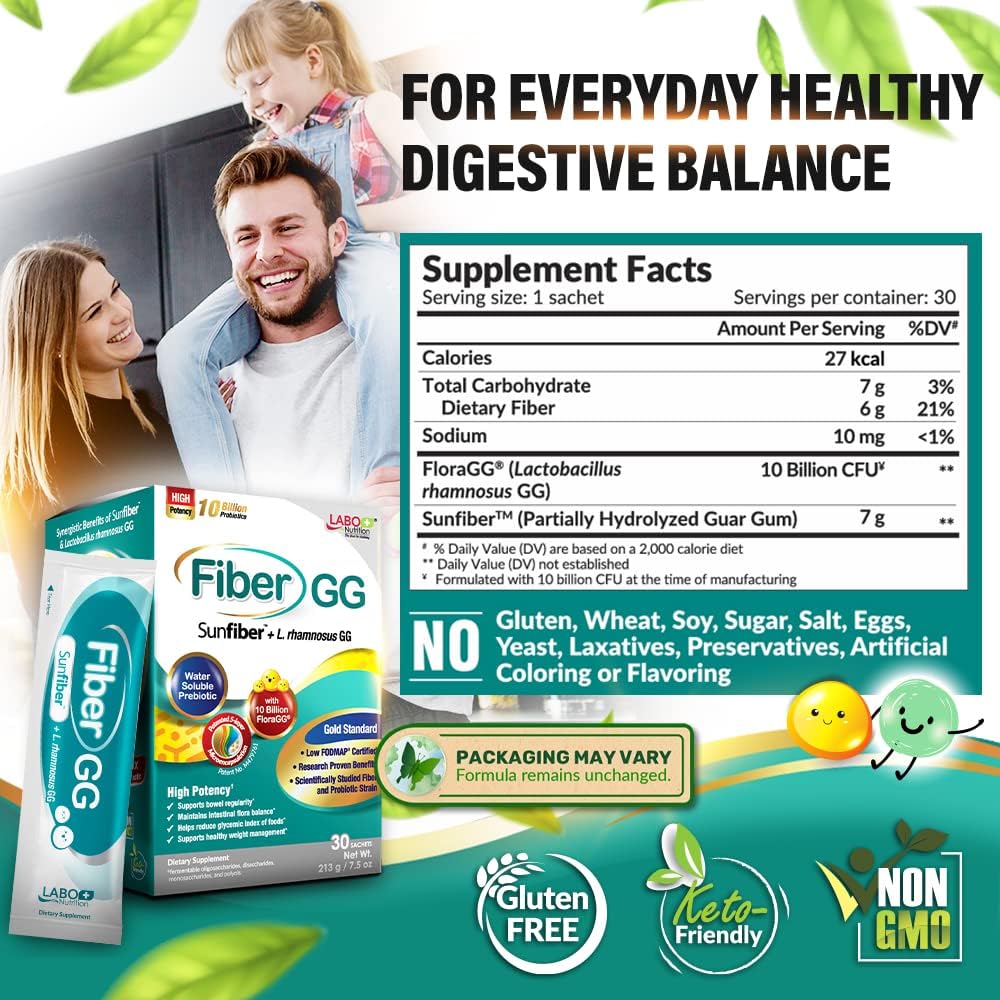 FiberGG Probiotic & Prebiotic Supplement with Lactobacillus Rhamnosus GG - 10 Billion CFU, 7g Sunfiber Fiber - 30 Sachets