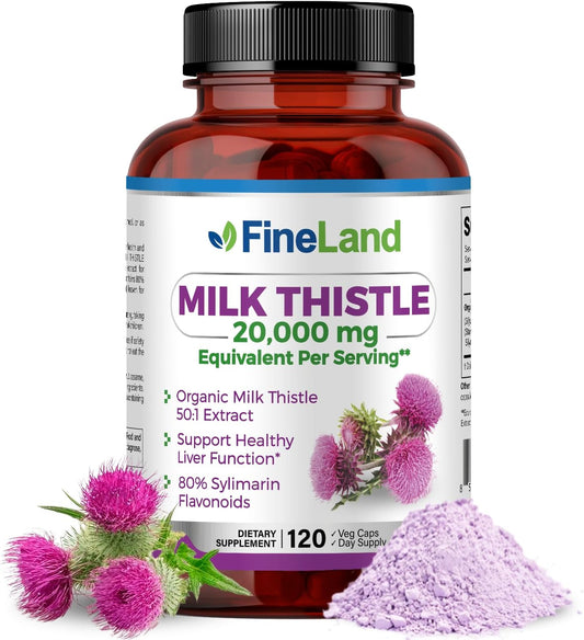 FineLand Milk Thistle Silymarin Extract 20,000mg Capsules - Liver Cleanse Detox & Support Supplement - Antioxidant - 120 Veggie Caps - 4 Months Supply - Vegan & Natural