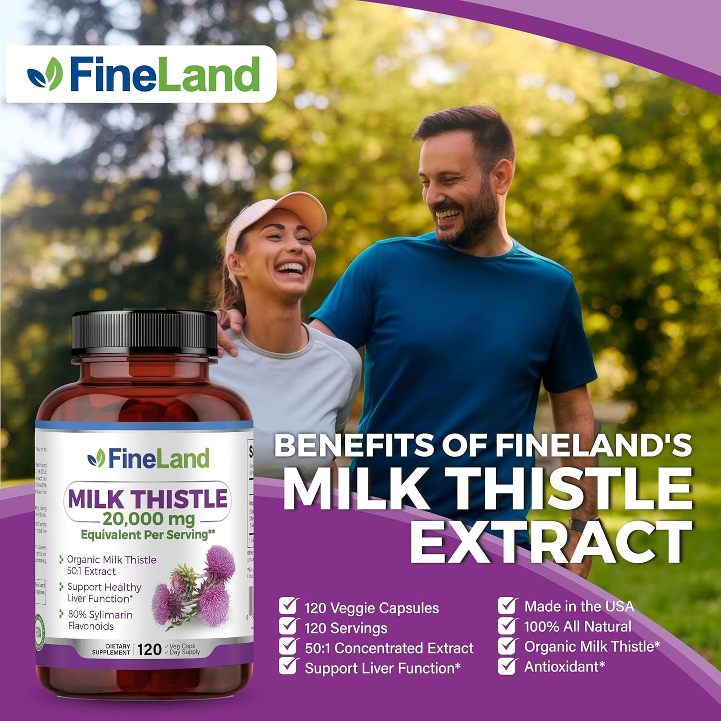 FineLand Milk Thistle Silymarin Extract 20,000mg Capsules - Liver Cleanse Detox & Support Supplement - Antioxidant - 120 Veggie Caps - 4 Months Supply - Vegan & Natural