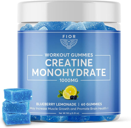 FIOR Creatine Gummy - Chewable Creatine Monohydrate Supplement, Blueberry Lemonade Flavor, 60 Count