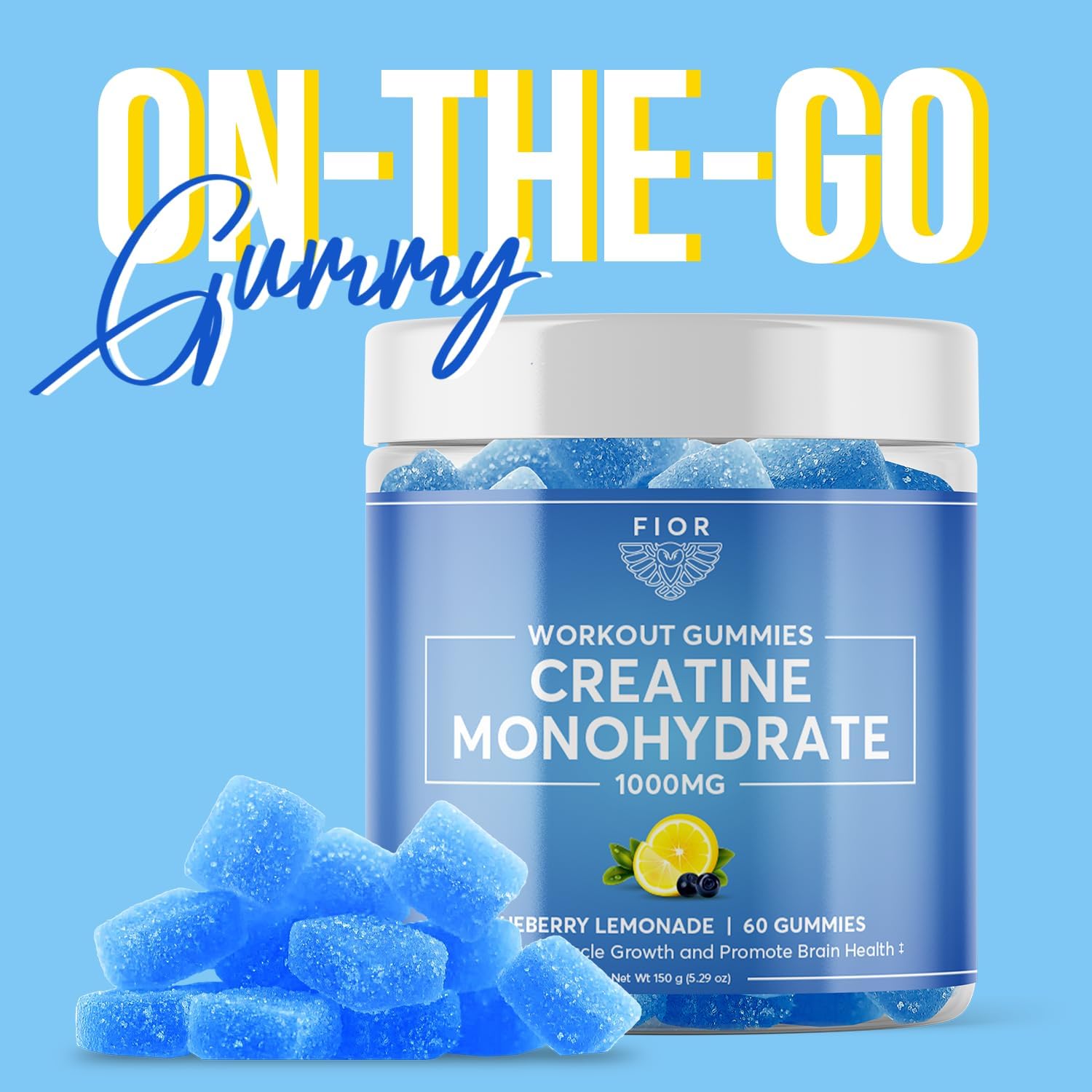 FIOR Creatine Gummy - Chewable Creatine Monohydrate Supplement, Blueberry Lemonade Flavor, 60 Count