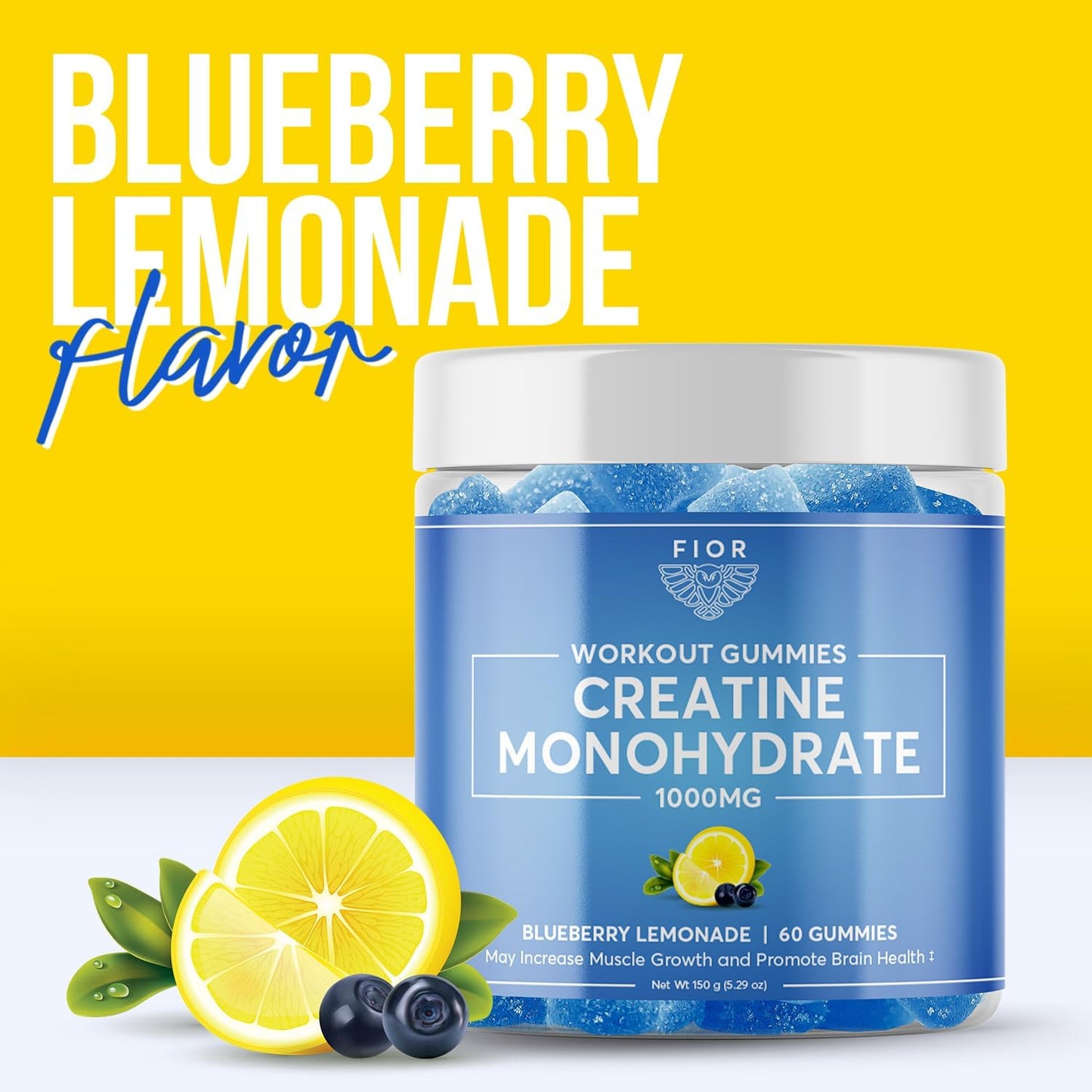 FIOR Creatine Gummy - Chewable Creatine Monohydrate Supplement, Blueberry Lemonade Flavor, 60 Count