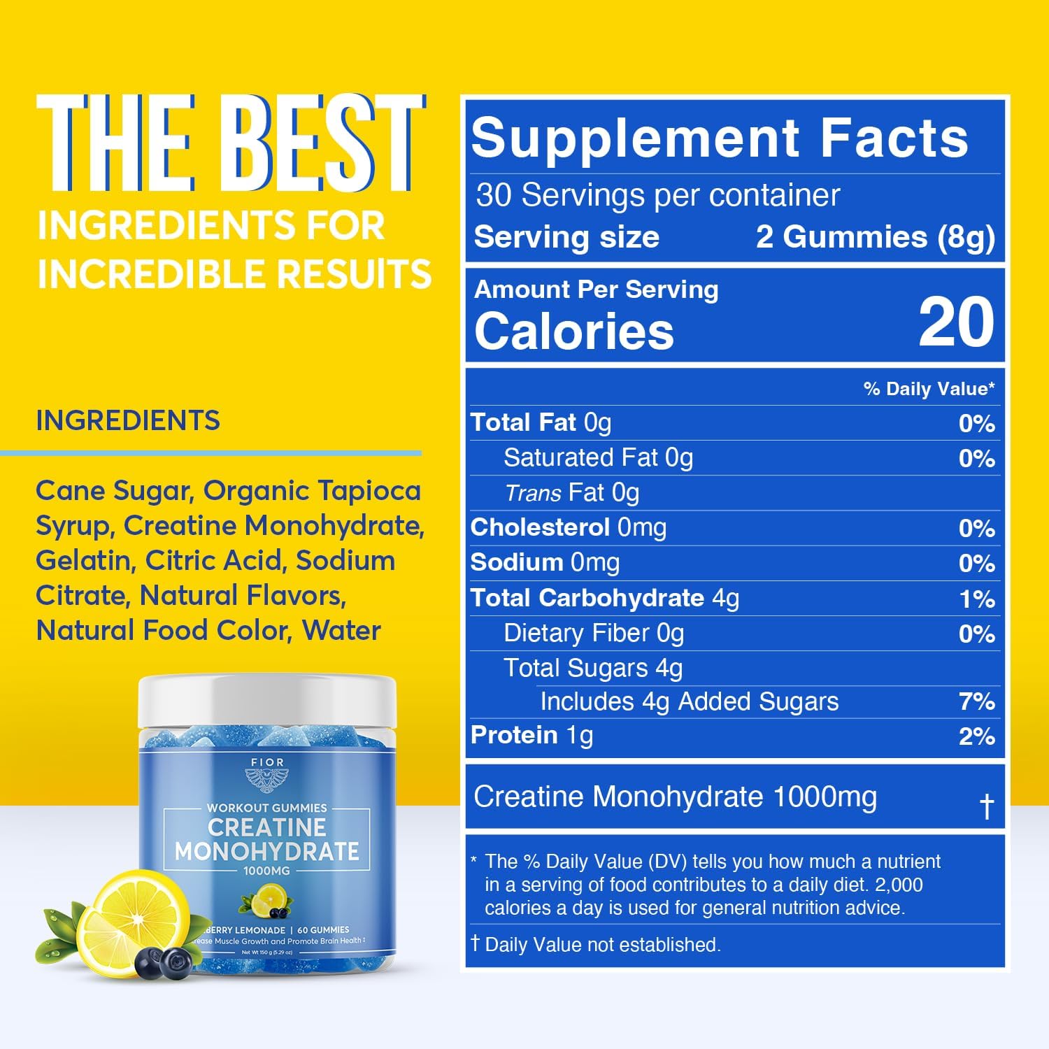 FIOR Creatine Gummy - Chewable Creatine Monohydrate Supplement, Blueberry Lemonade Flavor, 60 Count