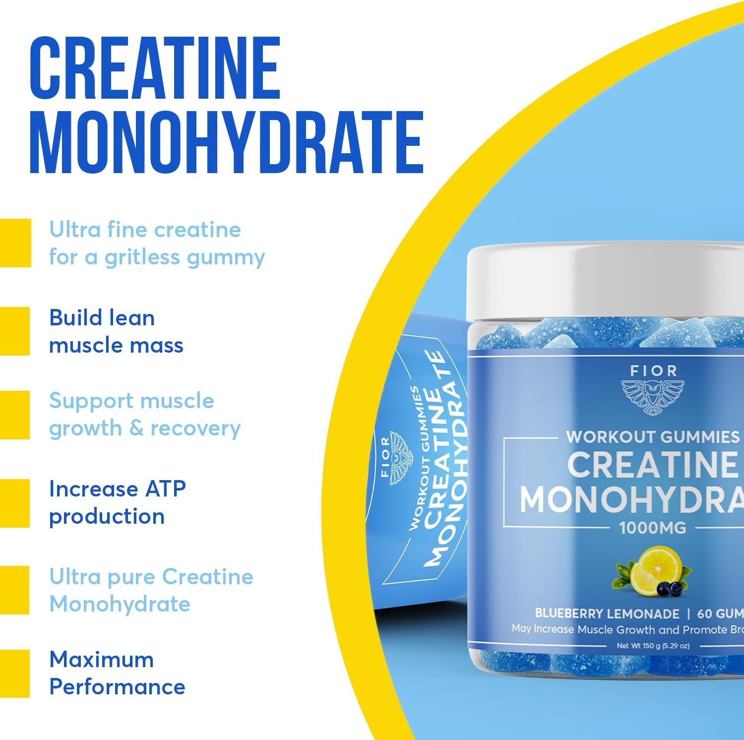 FIOR Creatine Gummy - Chewable Creatine Monohydrate Supplement, Blueberry Lemonade Flavor, 60 Count