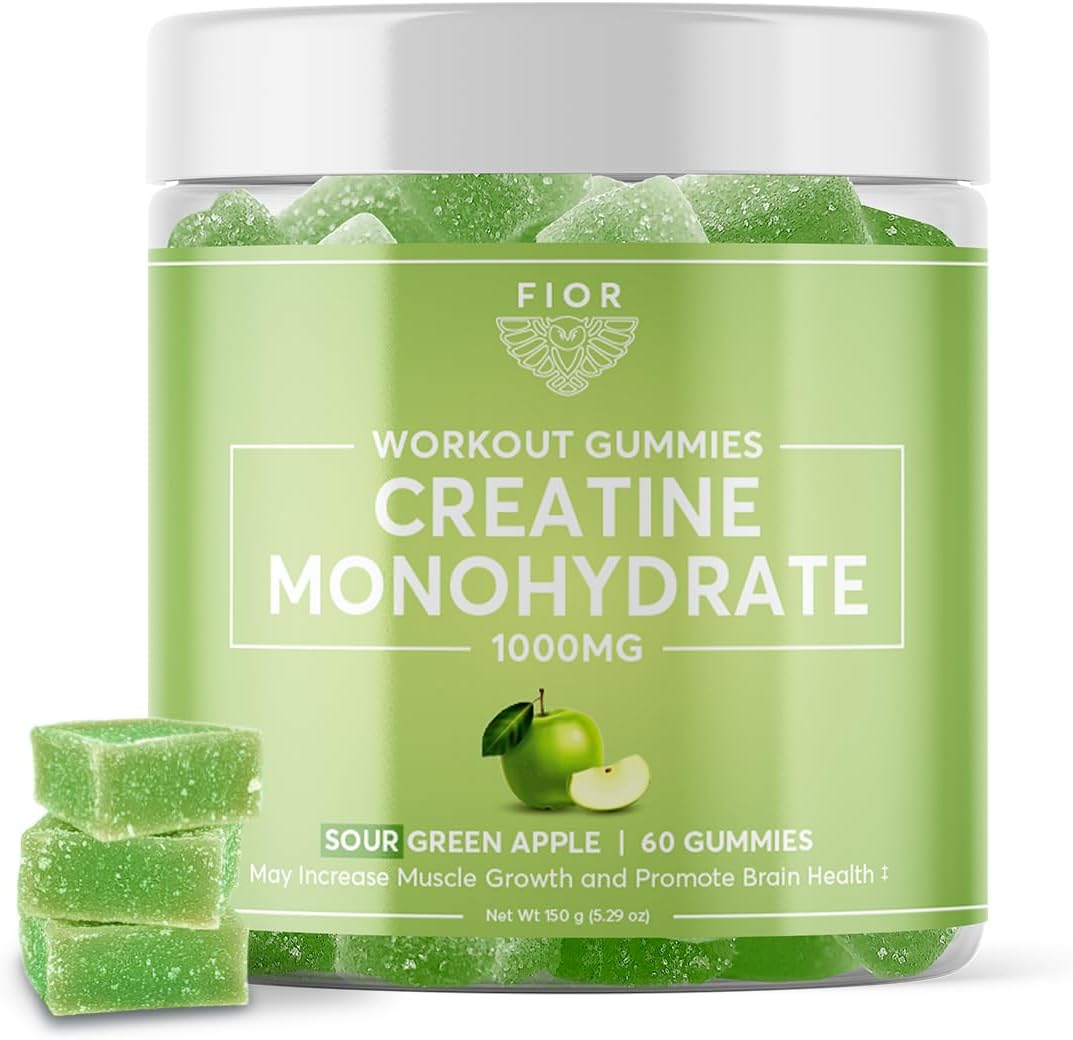 FIOR Creatine Gummy - Top Quality Creatine Monohydrate Chews, 60 Count, Workout & Protein Supplement, Brain Boost, Sour Green Apple Flavor, 30 Servings