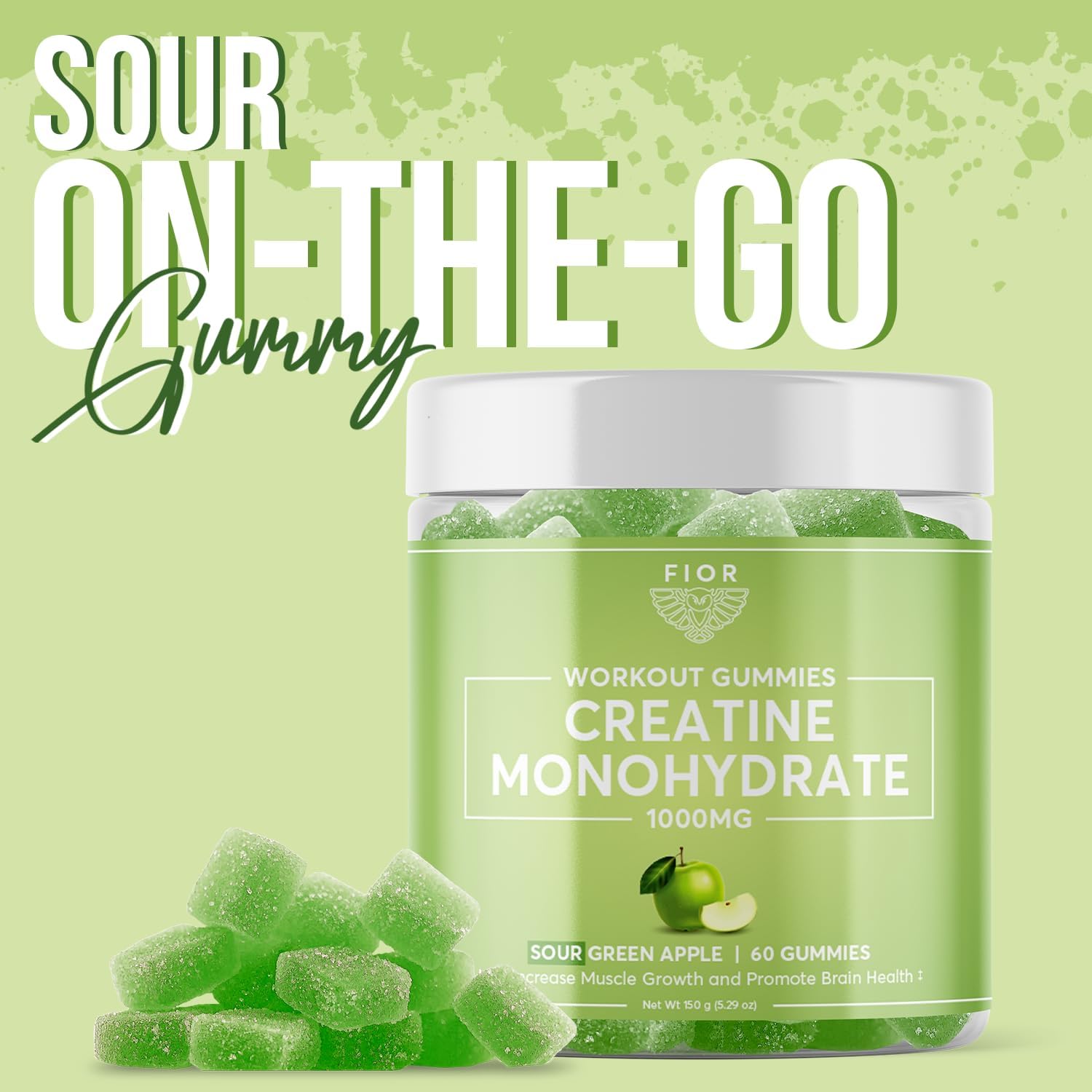 FIOR Creatine Gummy - Top Quality Creatine Monohydrate Chews, 60 Count, Workout & Protein Supplement, Brain Boost, Sour Green Apple Flavor, 30 Servings