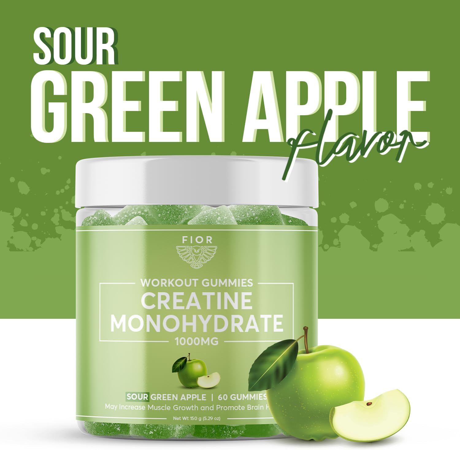 FIOR Creatine Gummy - Top Quality Creatine Monohydrate Chews, 60 Count, Workout & Protein Supplement, Brain Boost, Sour Green Apple Flavor, 30 Servings