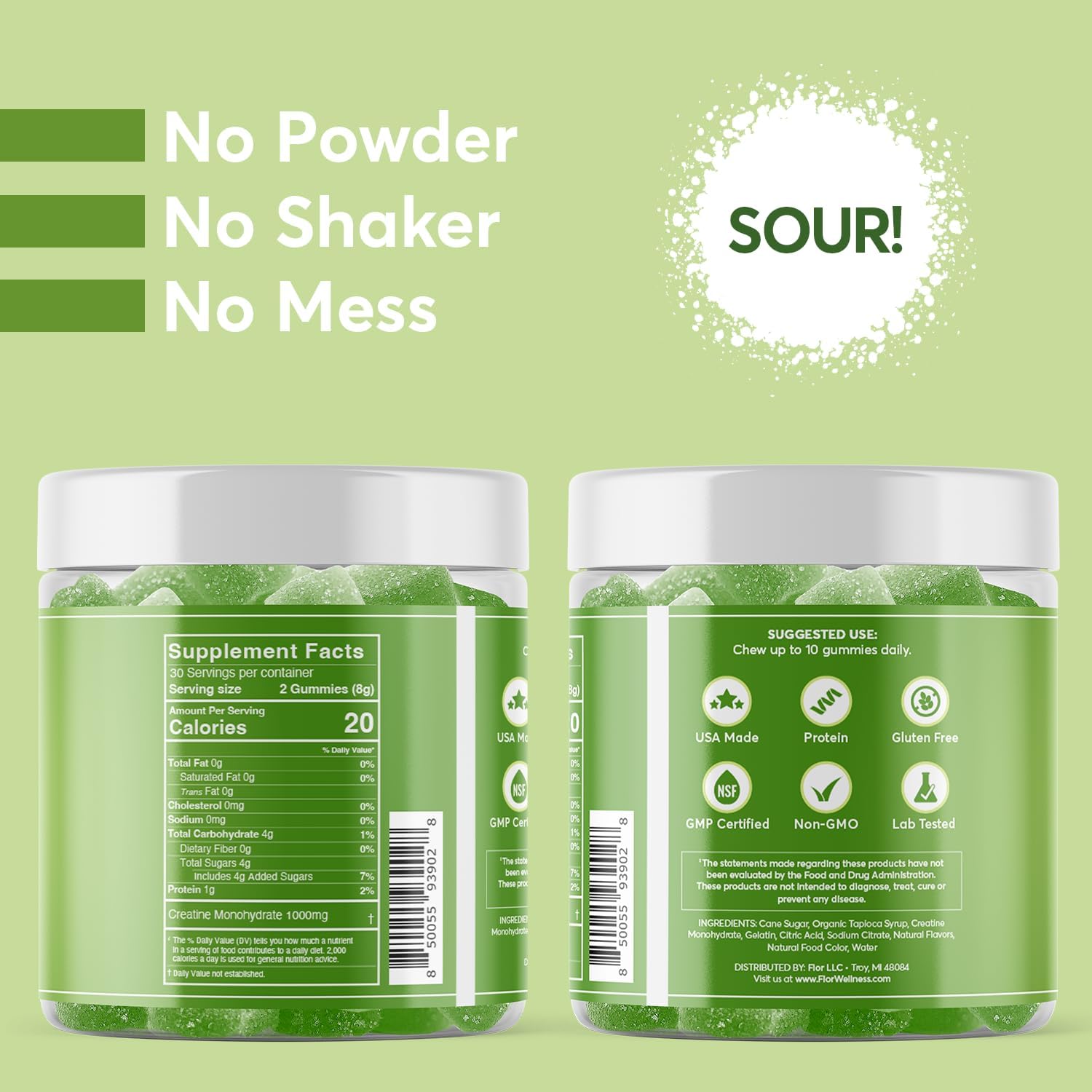 FIOR Creatine Gummy - Top Quality Creatine Monohydrate Chews, 60 Count, Workout & Protein Supplement, Brain Boost, Sour Green Apple Flavor, 30 Servings