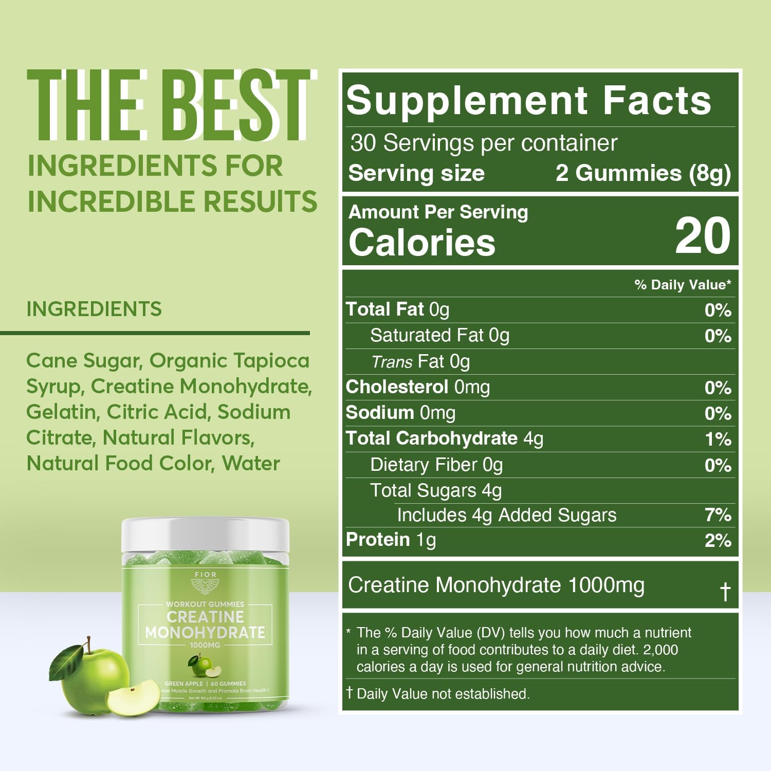 FIOR Creatine Gummy - Top Quality Creatine Monohydrate Chews, 60 Count, Workout & Protein Supplement, Brain Boost, Sour Green Apple Flavor, 30 Servings