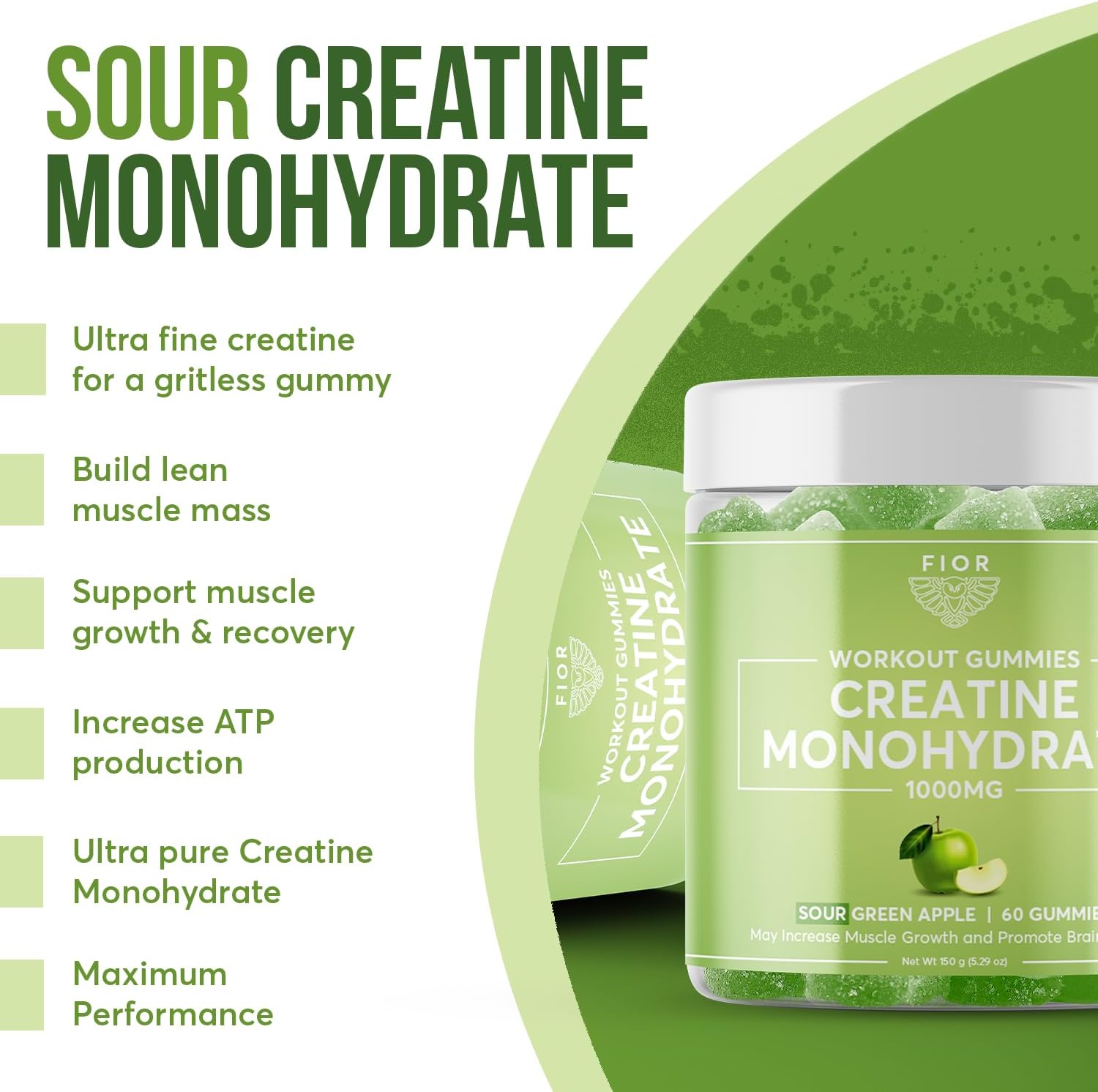 FIOR Creatine Gummy - Top Quality Creatine Monohydrate Chews, 60 Count, Workout & Protein Supplement, Brain Boost, Sour Green Apple Flavor, 30 Servings