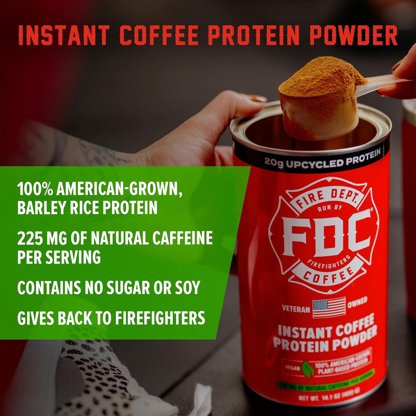 Fire Department Coffee Instant Plant-Based Protein Powder - Supports Firefighters - Upcycled Barley Protein - 100% American-Grown - 14.1 oz Can
