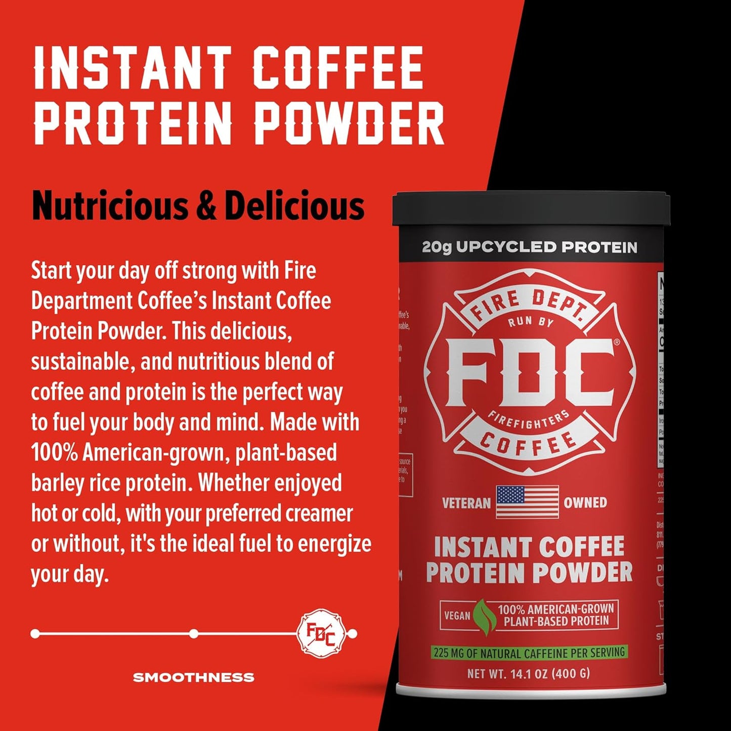 Fire Department Coffee Instant Plant-Based Protein Powder - Supports Firefighters - Upcycled Barley Protein - 100% American-Grown - 14.1 oz Can