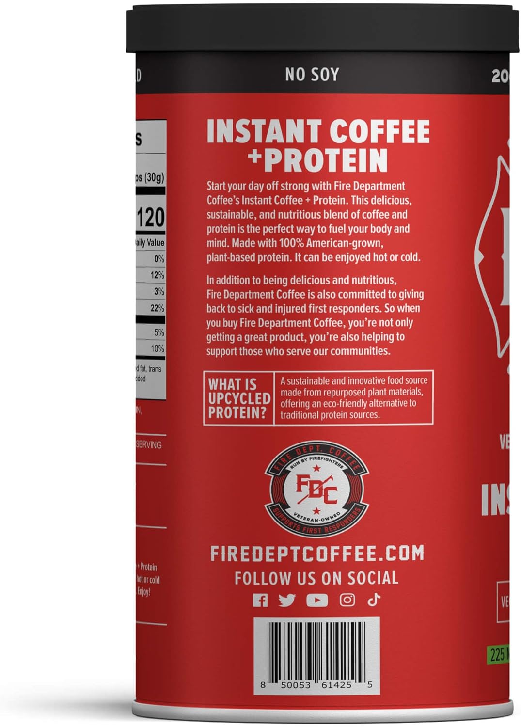 Fire Department Coffee Instant Plant-Based Protein Powder - Supports Firefighters - Upcycled Barley Protein - 100% American-Grown - 14.1 oz Can