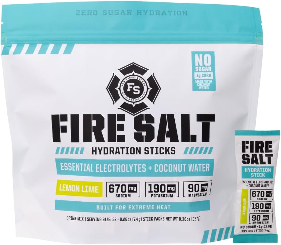 Fire Science Nutrition Electrolyte Hydration Sticks with Coconut Water - Lemon Lime Flavor, Zero Sugar, 32 Count