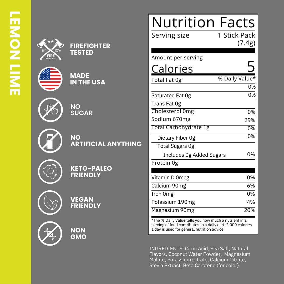 Fire Science Nutrition Electrolyte Hydration Sticks with Coconut Water - Lemon Lime Flavor, Zero Sugar, 32 Count
