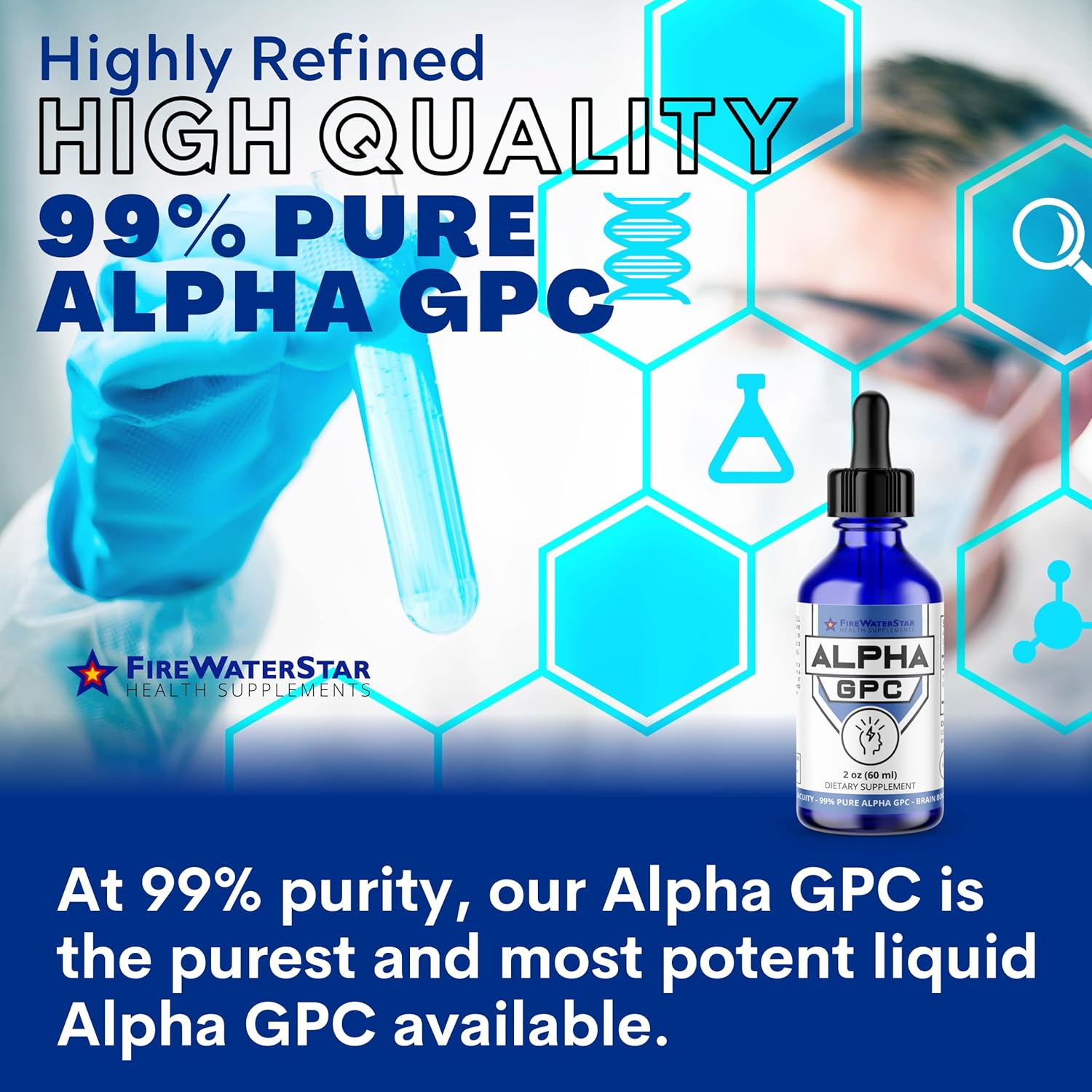 FIREWATERSTAR Alpha GPC Choline Liquid Drops - Nootropic Brain Supplement for Memory and Focus - 99% Pure L Alpha-GPC - 300mg - 30 Day Supply