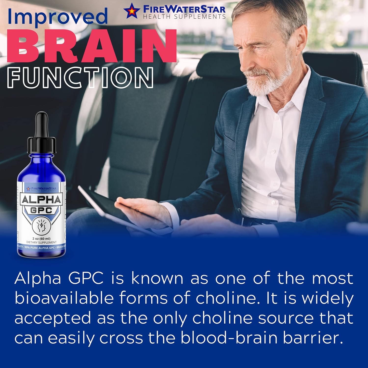 FIREWATERSTAR Alpha GPC Choline Liquid Drops - Nootropic Brain Supplement for Memory and Focus - 99% Pure L Alpha-GPC - 300mg - 30 Day Supply
