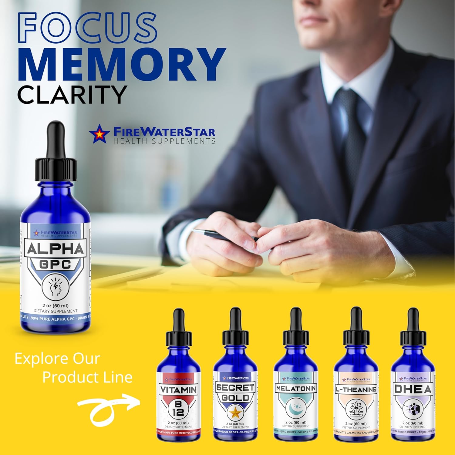 FIREWATERSTAR Alpha GPC Choline Liquid Drops - Nootropic Brain Supplement for Memory and Focus - 99% Pure L Alpha-GPC - 300mg - 30 Day Supply