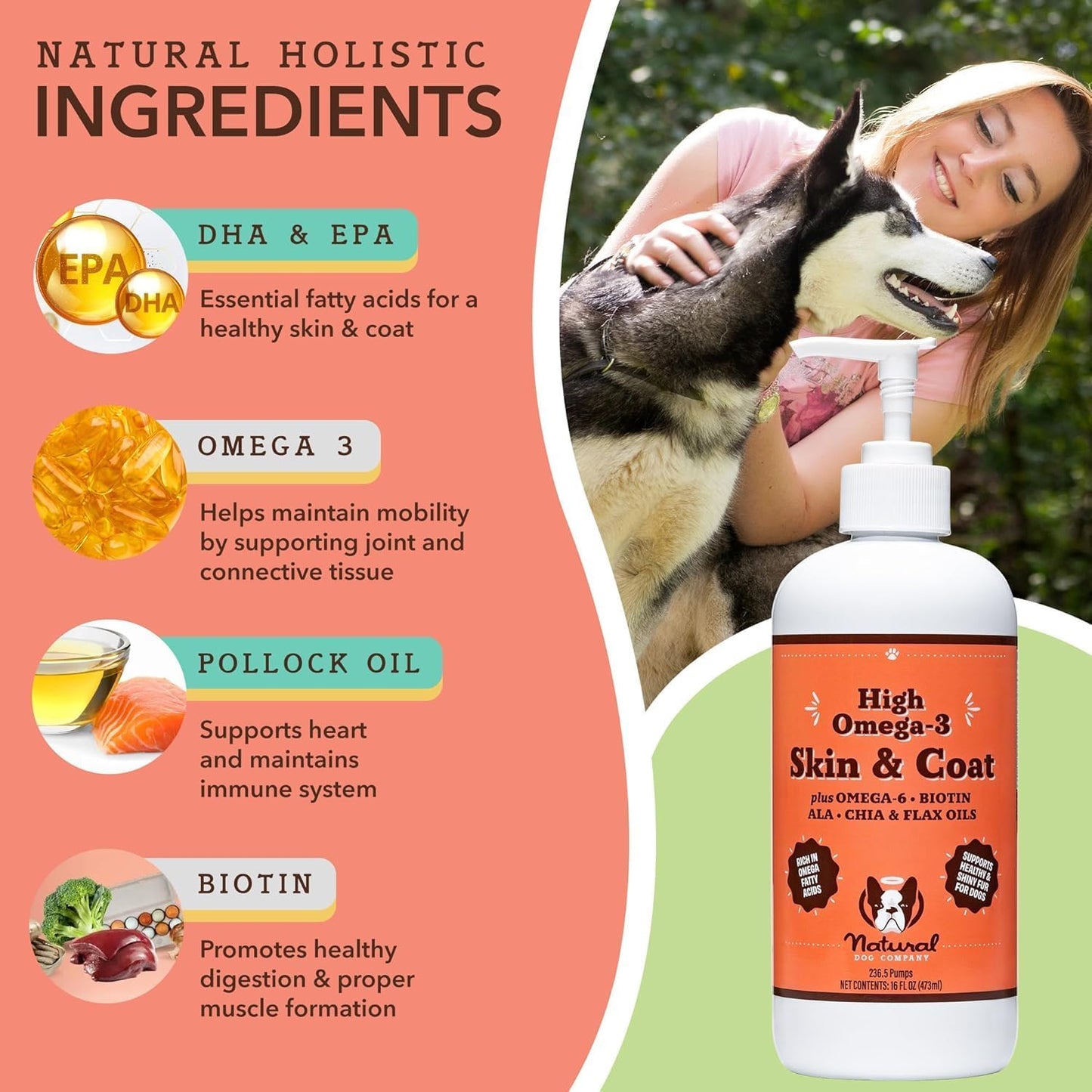 Fish Oil Supplements for Dogs - Skin and Coat Oil, 2 Pack 16 oz. Bottles, Supports Skin Health, Fatty Acids, Antioxidants, Large Breed and Multi Dog Families, 32 oz. Value Pack