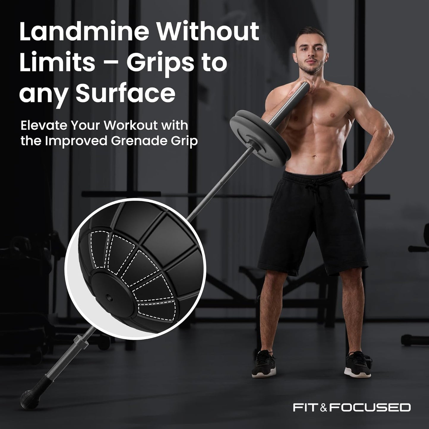 Fit & Focused Rubber Barbell Bomb with Handle Grip - Landmine Attachment for Barbell, Suitable for Rows, Squats, Press, and More (Fits 2'' Olympic Bars)