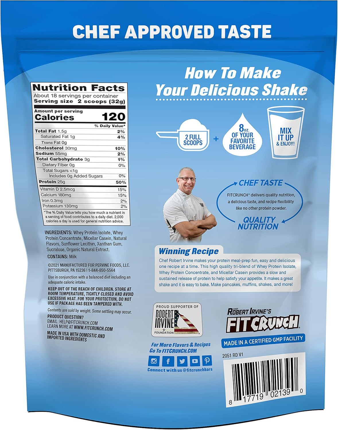 FITCRUNCH Tri-Blend Whey Protein: Keto-Friendly, Low Cal, High Protein, Gluten & Soy-Free - Vanilla Milkshake (18 Servings)