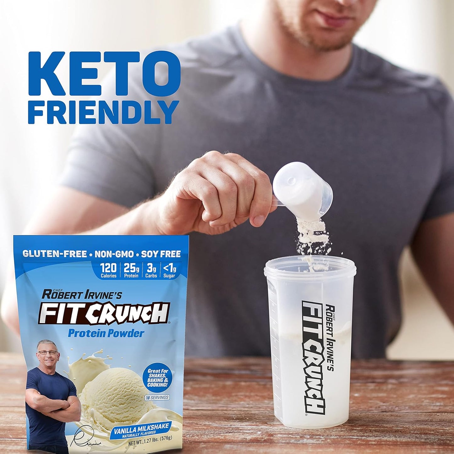 FITCRUNCH Tri-Blend Whey Protein: Keto-Friendly, Low Cal, High Protein, Gluten & Soy-Free - Vanilla Milkshake (18 Servings)
