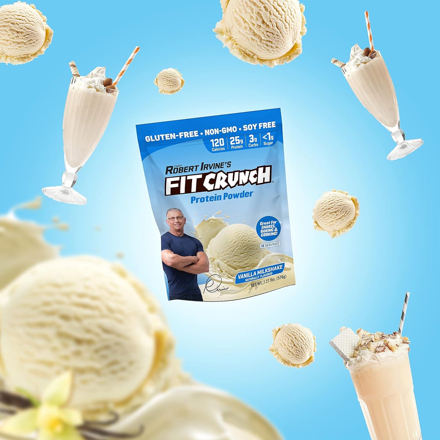 FITCRUNCH Tri-Blend Whey Protein: Keto-Friendly, Low Cal, High Protein, Gluten & Soy-Free - Vanilla Milkshake (18 Servings)