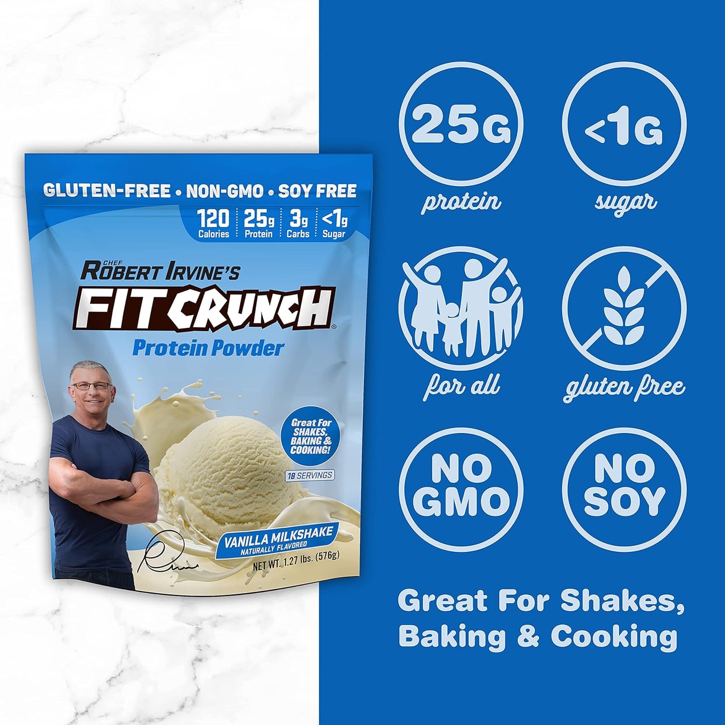 FITCRUNCH Tri-Blend Whey Protein: Keto-Friendly, Low Cal, High Protein, Gluten & Soy-Free - Vanilla Milkshake (18 Servings)