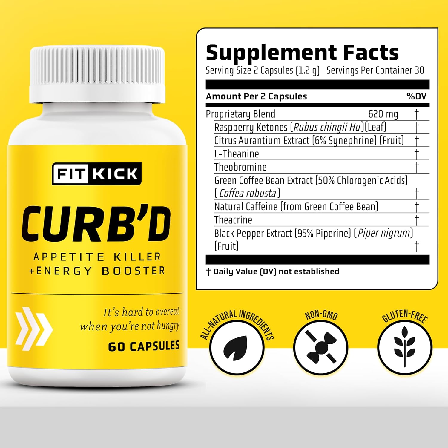 FITKICK CURB'D Capsules - Natural Over-Eating Control, Energy Boost & Healthy Eating Support - 60 Count