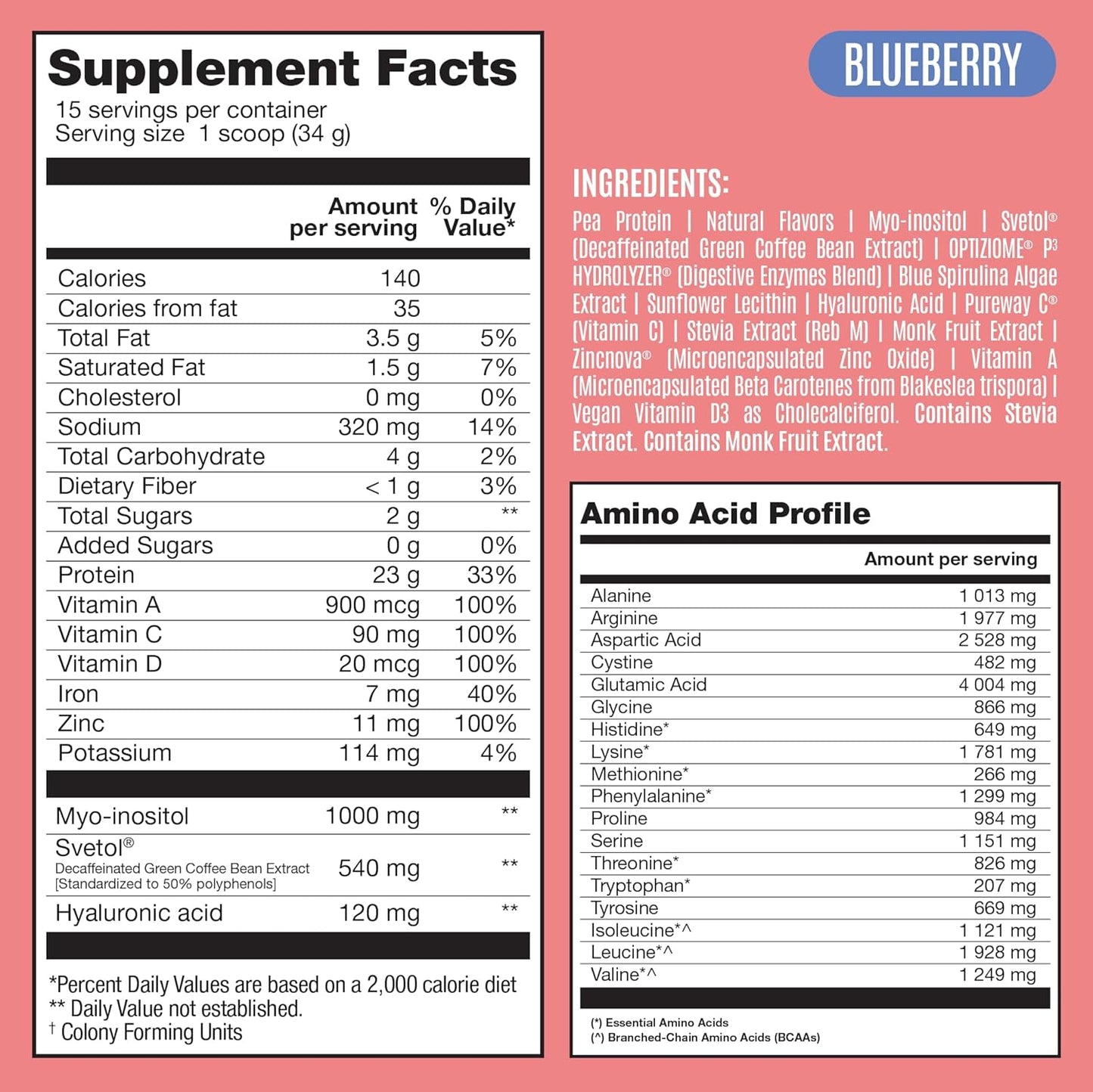 Fitmingo Blueberry Vegan Protein Powder with Inositol, Collagen Boosters, Hyaluronic Acid and Vitamins | Low Carb, Dairy Free, Low Calorie | 23g Plant Based Protein Powder with Myo-Inositol