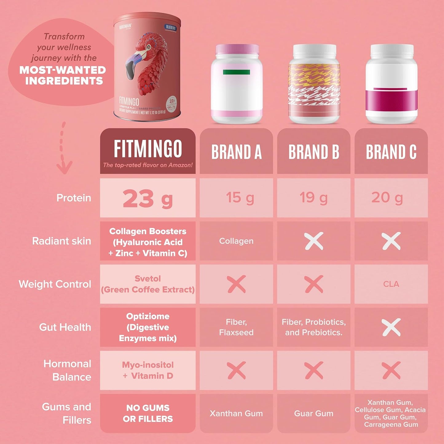Fitmingo Blueberry Vegan Protein Powder with Inositol, Collagen Boosters, Hyaluronic Acid and Vitamins | Low Carb, Dairy Free, Low Calorie | 23g Plant Based Protein Powder with Myo-Inositol