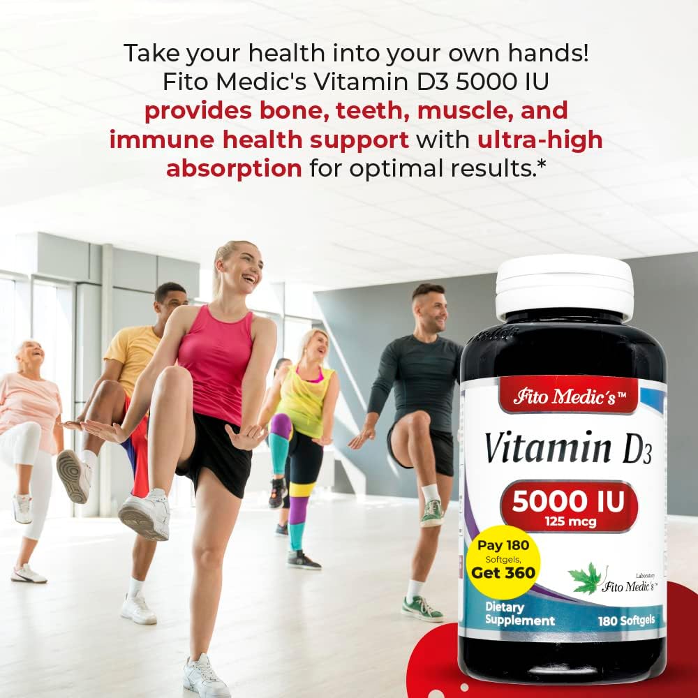 FITO MEDIC'S Lab - Vitamin D3 Softgels for Bone, Teeth, Muscle & Immune Health - 360 Capsules, 5000 IU - High Absorption Formula - BoostGo Australia