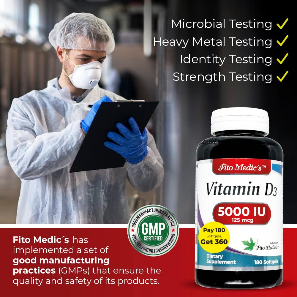 FITO MEDIC'S Lab - Vitamin D3 Softgels for Bone, Teeth, Muscle & Immune Health - 360 Capsules, 5000 IU - High Absorption Formula - BoostGo Australia