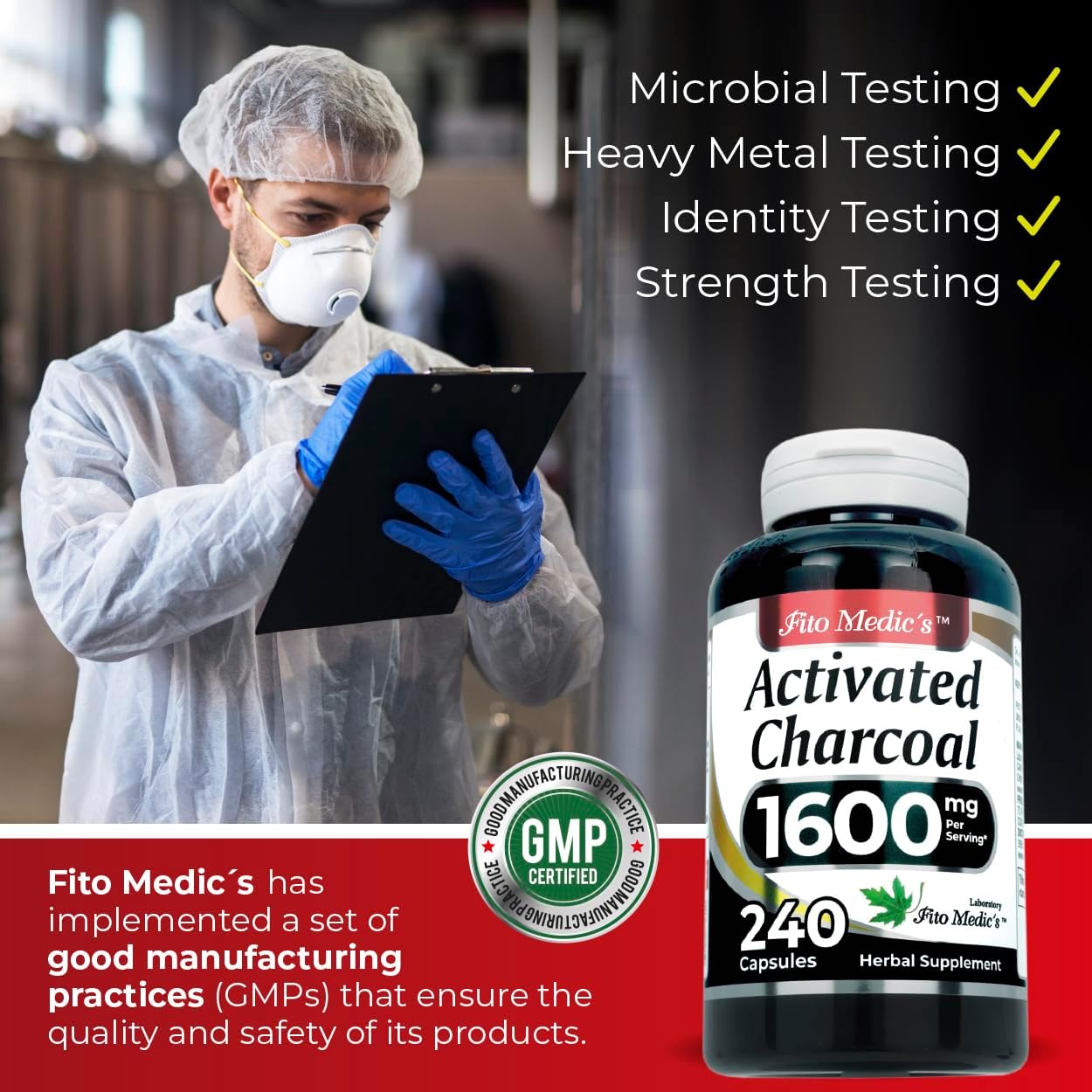 FITO MEDIC'S Lab Activated Charcoal Pills 1600mg 240 Capsules Ultra High Absorption