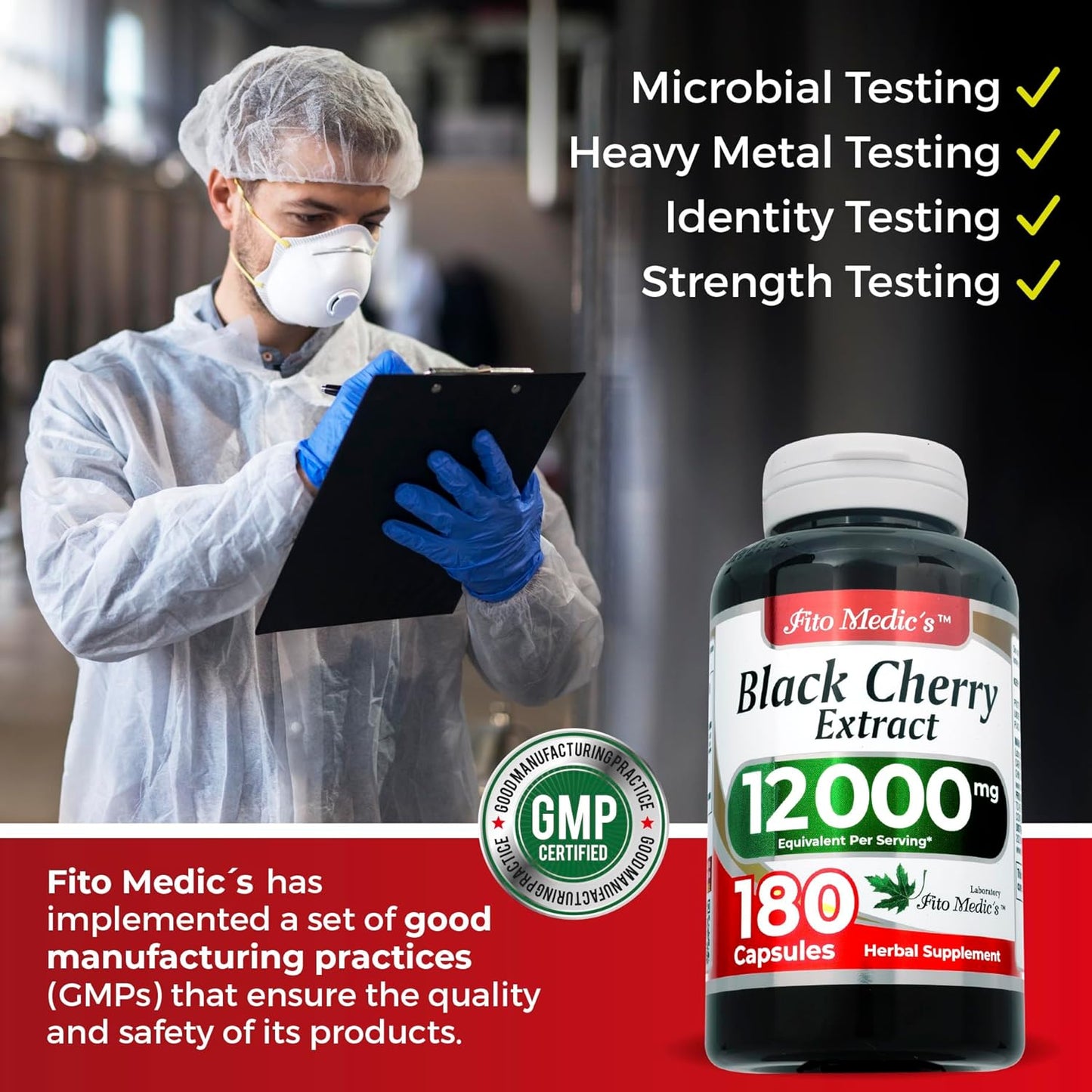 FITO MEDIC'S Lab Black Cherry Extract Capsules - 180 Capsules, 12000mg - High Absorption Cherry Supplement