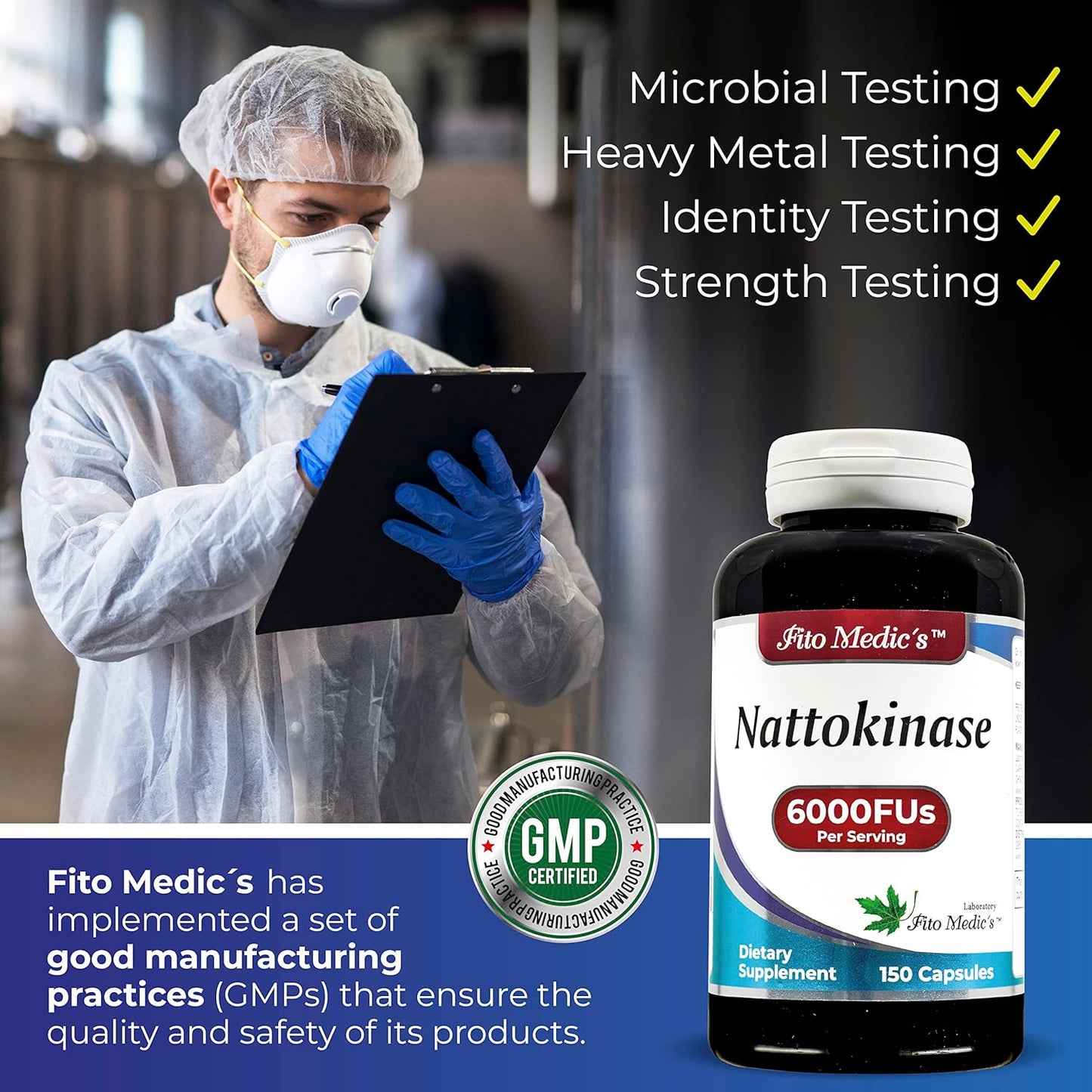 FITO MEDIC'S Lab Nattokinase Supplement - 6000 FU Enzyme per Serving, 150 Capsules, High Absorption Formula