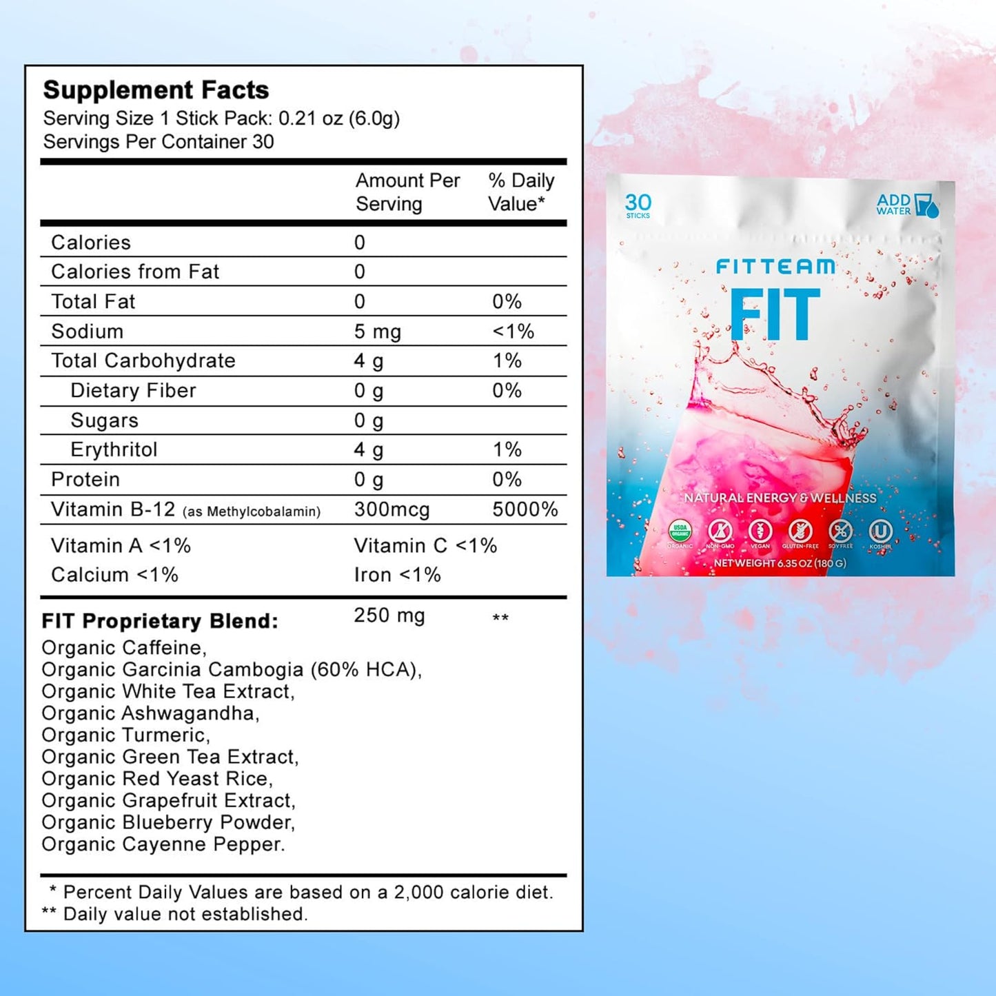 FITTEAM Fit Sticks: Organic Energy Drink Mix for Mental Focus, Energy Boost & Mood Support - 30 Stick Packs