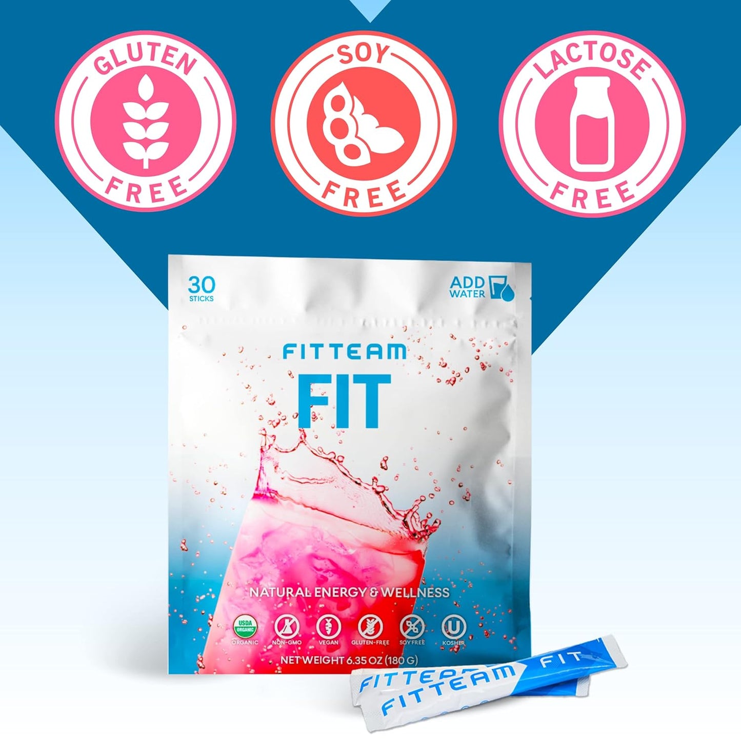 FITTEAM Fit Sticks: Organic Energy Drink Mix for Mental Focus, Energy Boost & Mood Support - 30 Stick Packs