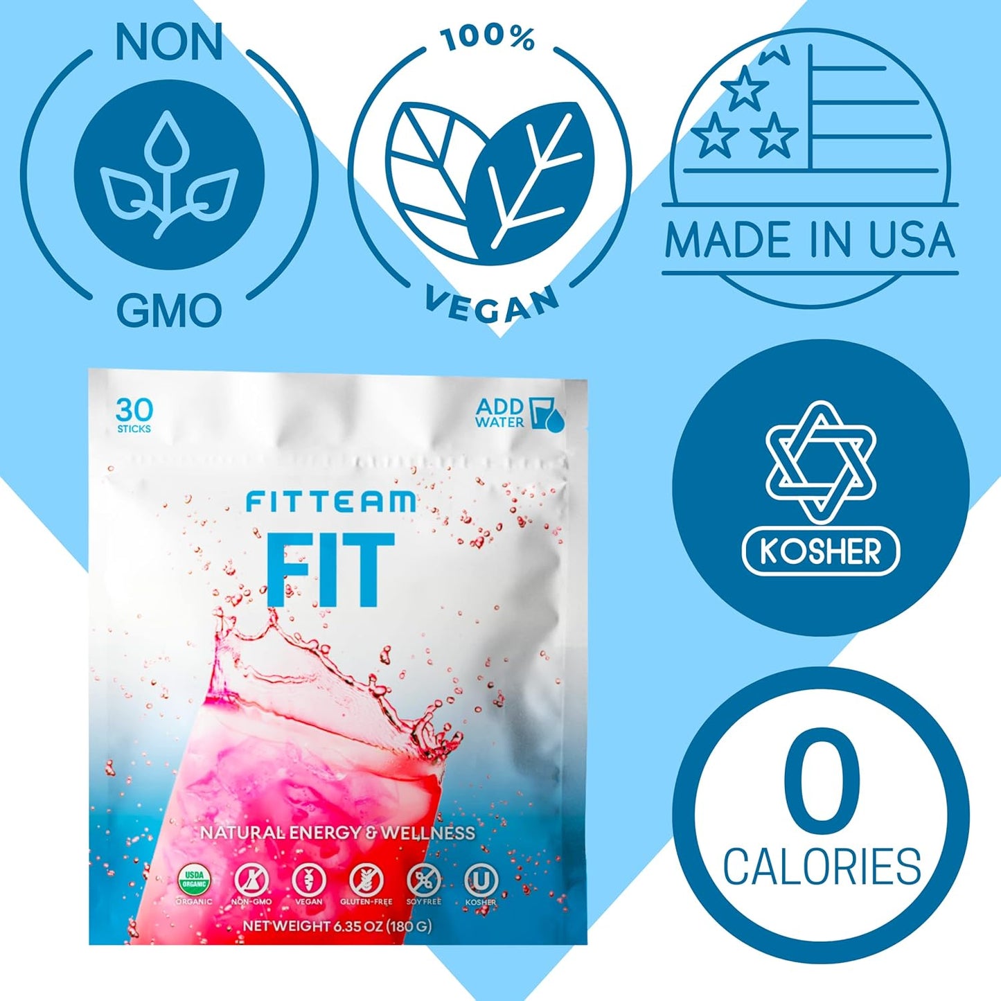 FITTEAM Fit Sticks: Organic Energy Drink Mix for Mental Focus, Energy Boost & Mood Support - 30 Stick Packs