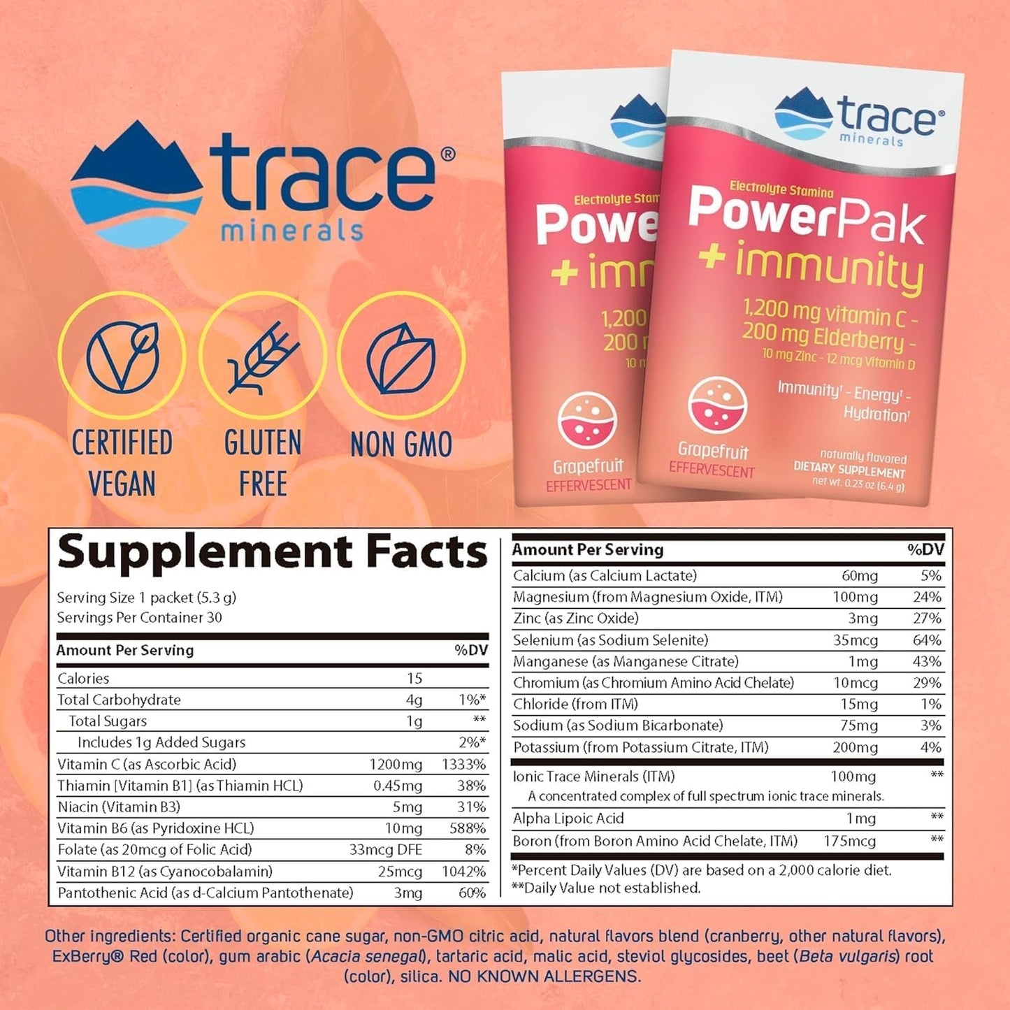 Fizzy Grapefruit Electrolyte & Immunity Drink Packets with Trace Minerals - 1200mg Vitamin C, Elderberry, Zinc, D3, B6, B12 - 30 Packets for Energy & Hydration