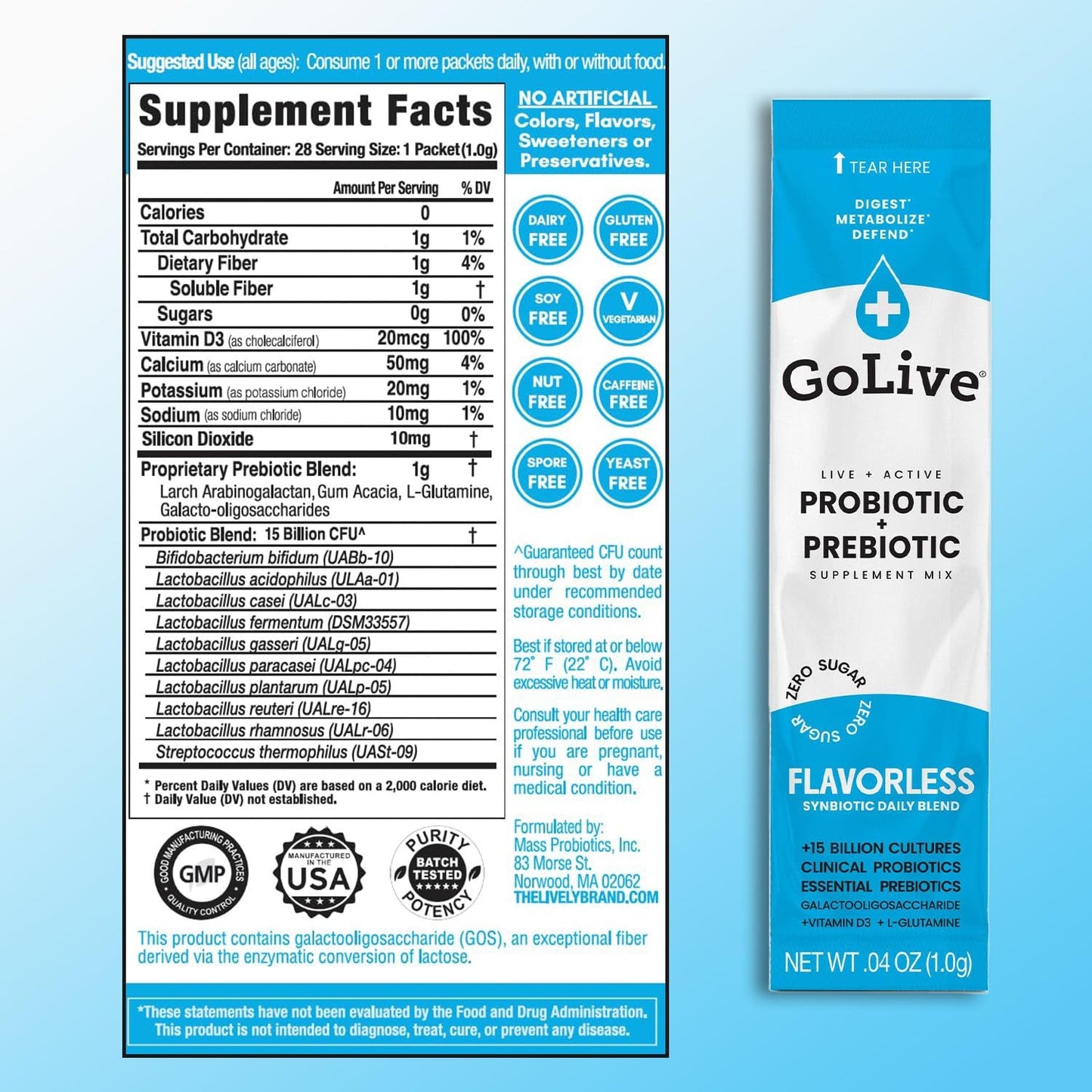 Flavor-Free Synbiotic Powder with GOS, L-Glutamine, Vitamin D3, Electrolytes for Gut Health, Digestion, Metabolism, Immunity - Prebiotic & Probiotic for Women, Men, Kids - 15-50B CFUs